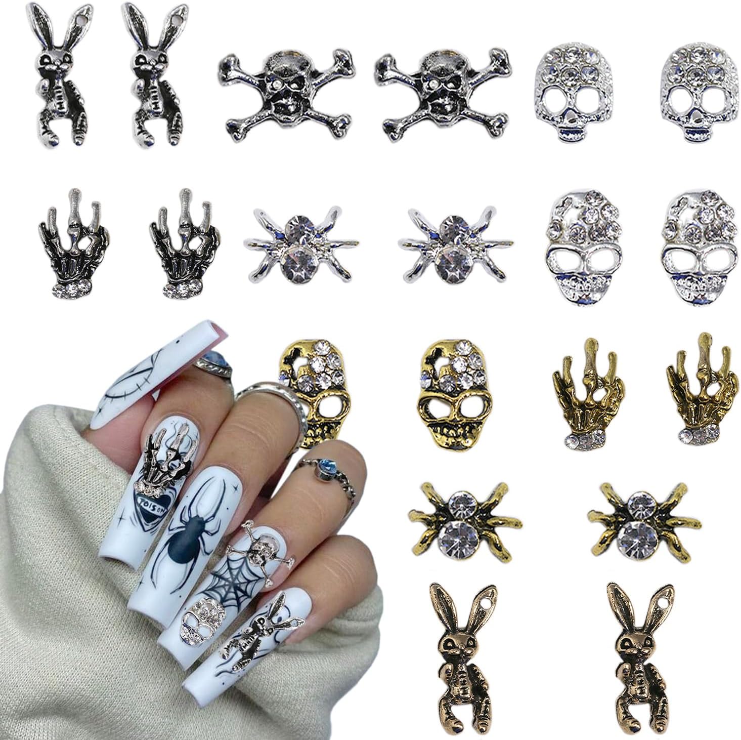 20 dijes de uñas de Halloween 3D dorado y plateado para uñas, diamantes de imitación góticos de calavera esqueleto, mano, araña, joyería de uñas,