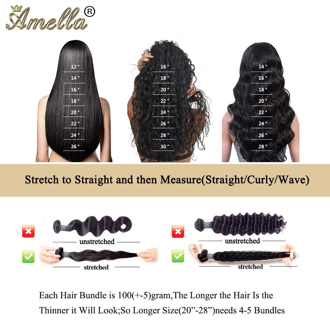 Amella Hair, Cabello humano brasileño virgen 100% sin procesar. 3 extensiones de Cabello brasileño ondulado (16 18 20, 10.05 onzas) Extensiones de
