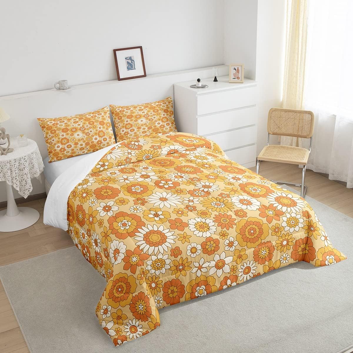 Erosebridal Juego de ropa de cama retro floral de los años 60 y 70, tamaño individual, color beige y blanco, edredón de plumón hippie colorido para
