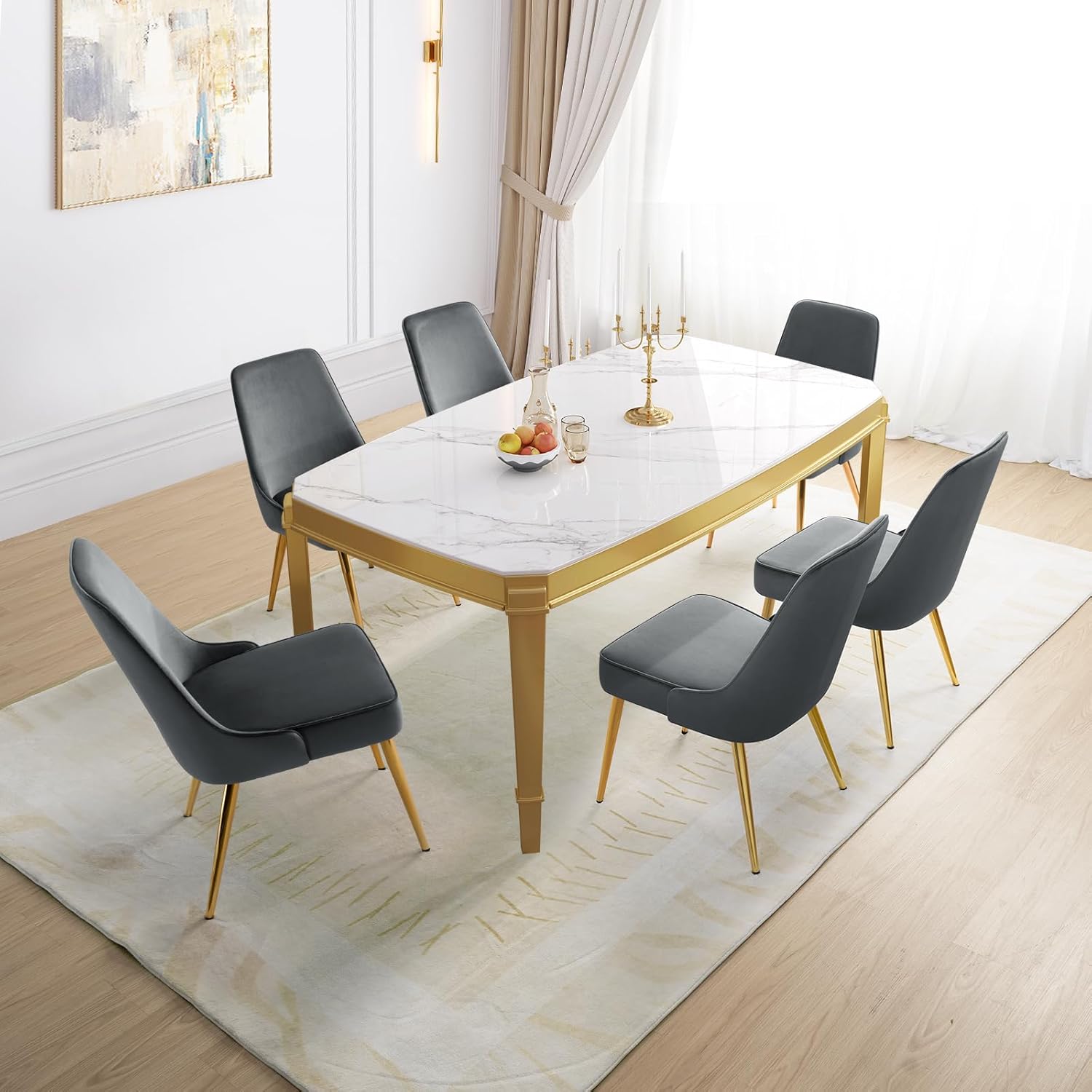 ecoluxehaven Modern Dining Chairs Set of 2,Mid-Century Upholstered Velvet Kitchen & Dining Room Chairs Living Room Chair with Metal Golden Legs,Grey