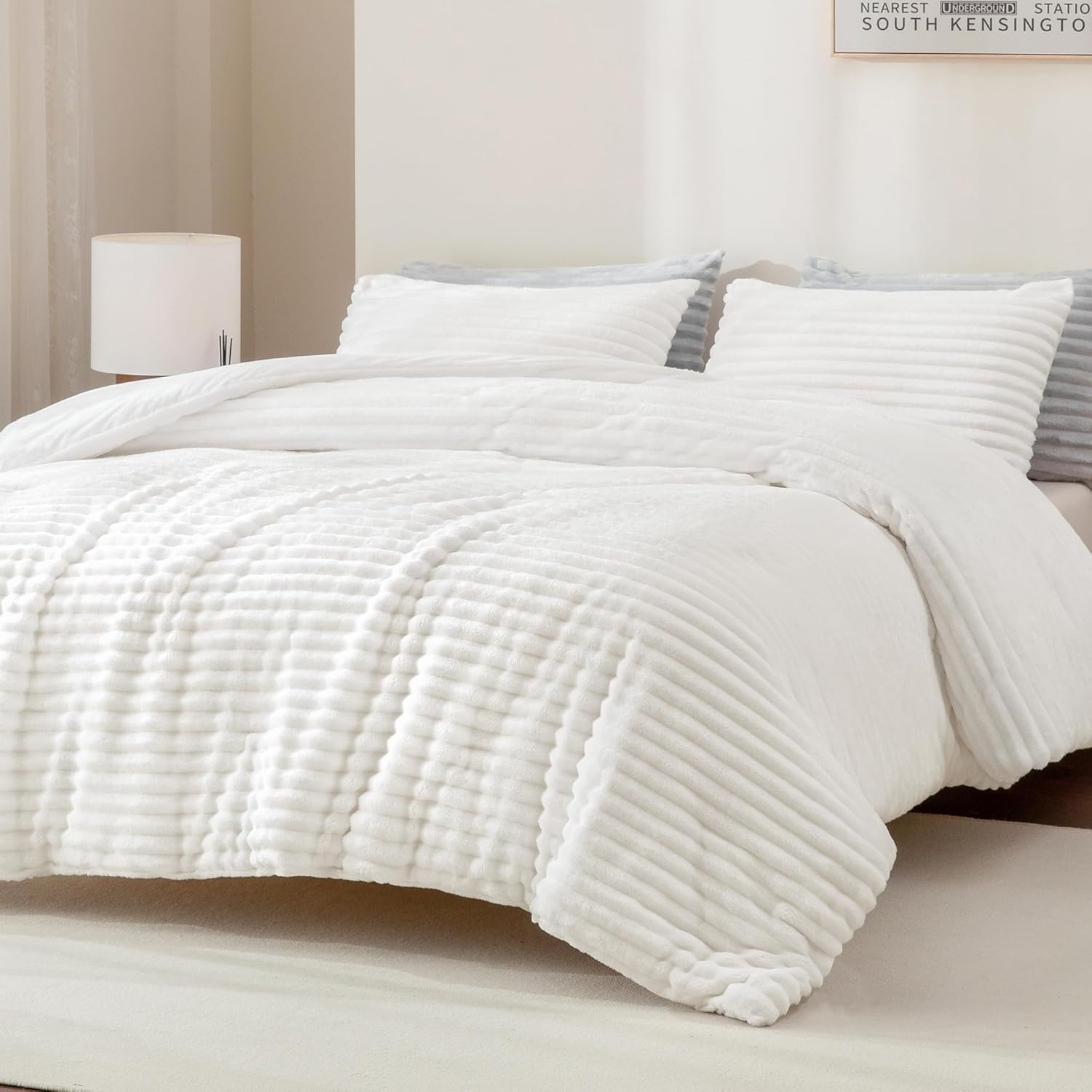 Andency Juego de edredón mullido tamaño King, edredón blanco súper suave tamaño King, juego de ropa de cama de forro polar cálido para invierno,