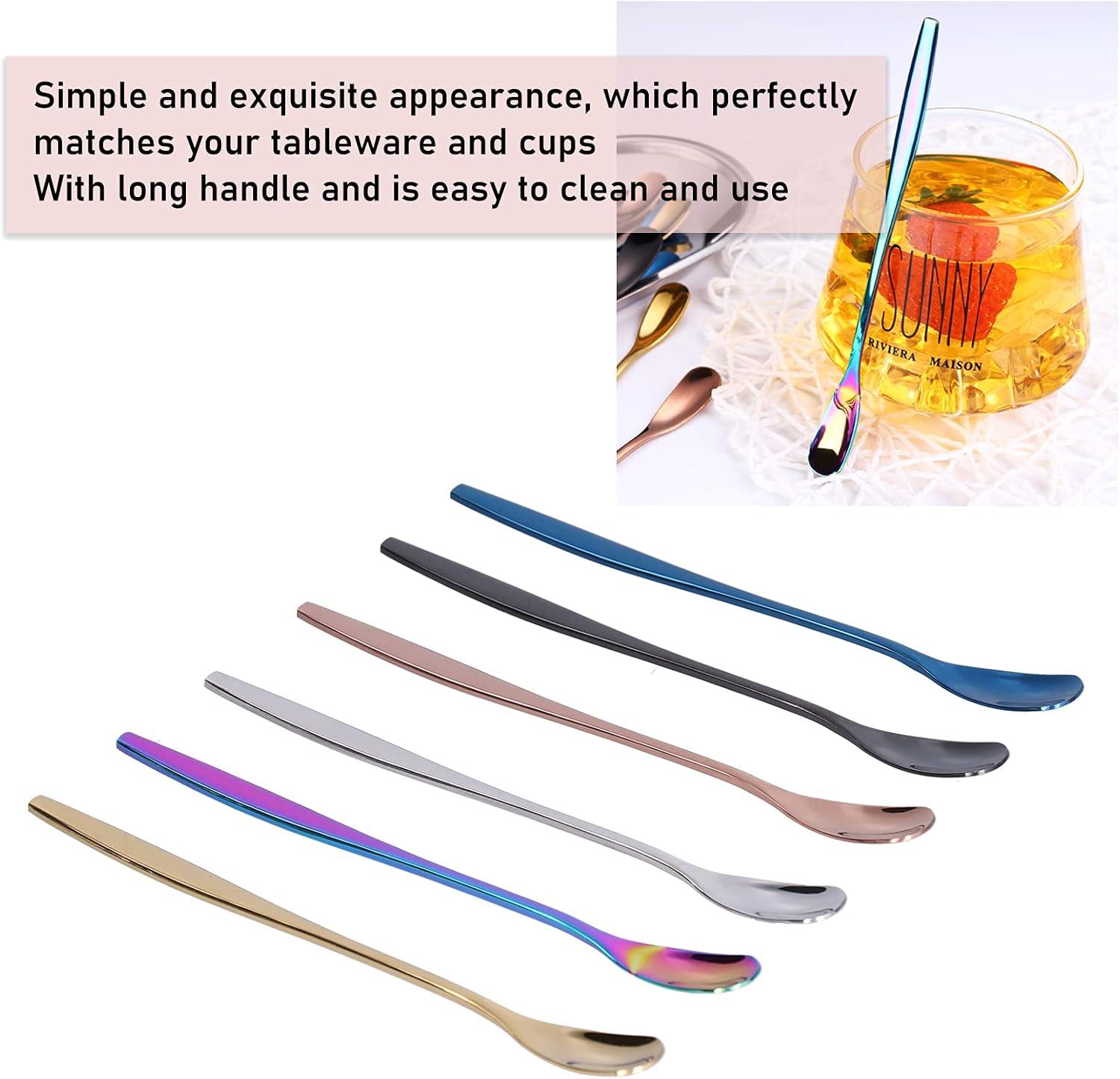6 cucharas de mango largo, cuchara de té helado de acero inoxidable de 6 pulgadas, cuchara de café para madres, leches, té, mezcla, cóctel, batido,
