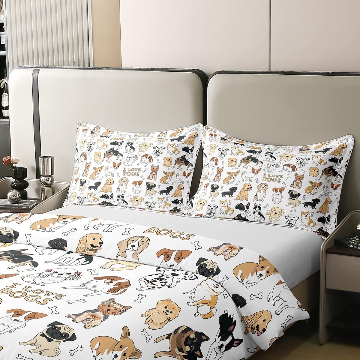 Juego de funda de edredón de perro 100% algodón natural con texto en inglés “I Love Dogs”, juego de ropa de cama con diseño de pug corgi shiba