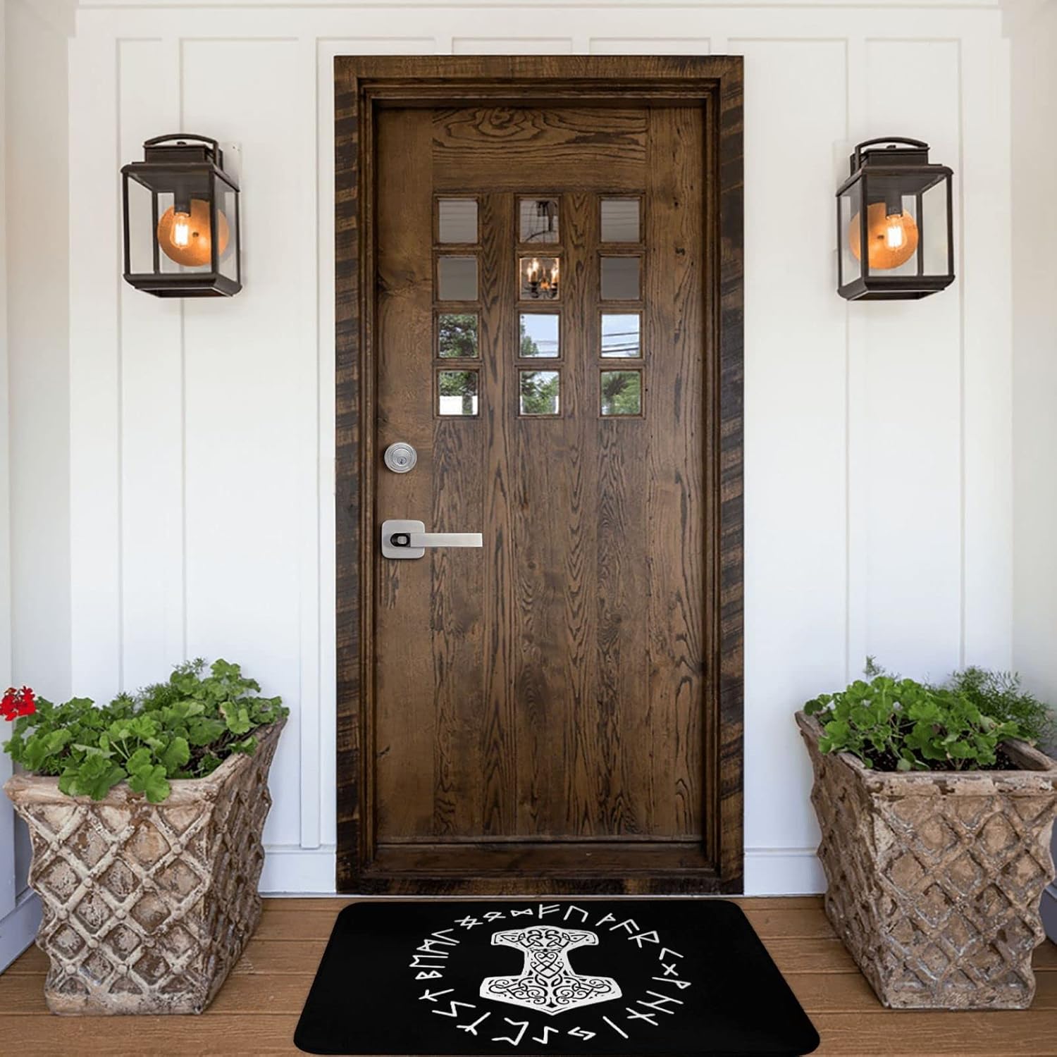Vikings Mjolnir and Rune Wheel – Felpudo de interior con símbolo de mitología nórdica, alfombra de entrada para puerta de baño, 24 x 16 pulgadas
