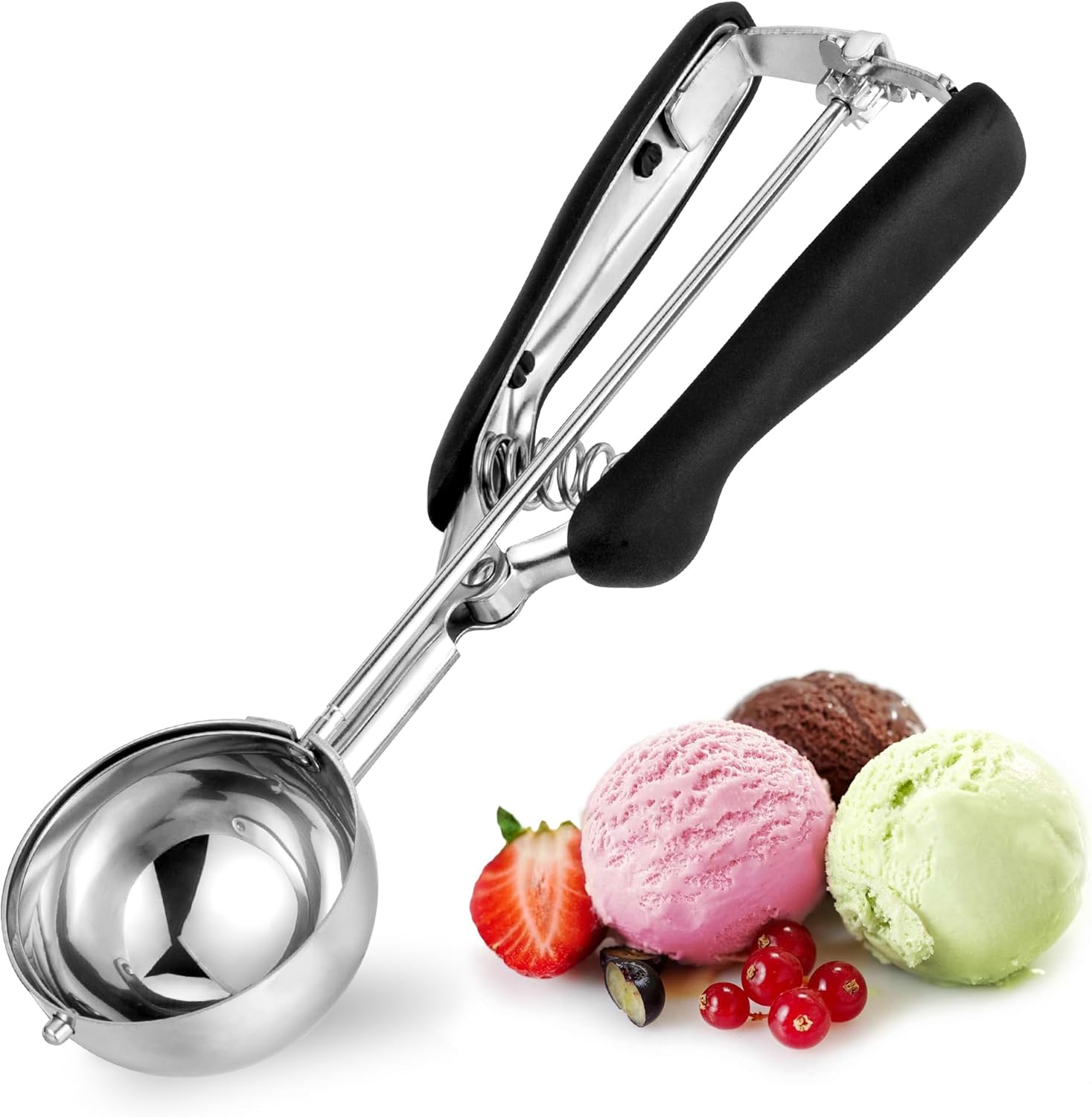TJ POP – Cuchara profesional para helados de acero inoxidable de 2.362 in, agarre suave, liberación rápida, 2.0 fl oz
