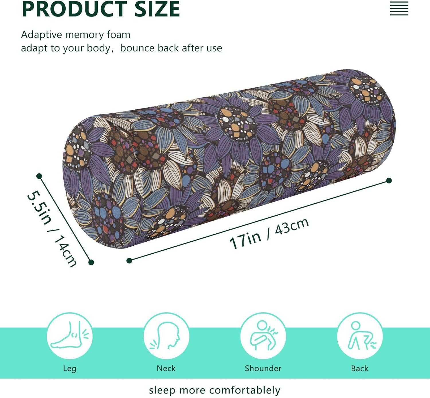 KLL Almohada larga terapéutica con diseño de girasoles, estilo bohemio, para sofá, redondas, cilíndrica, con cremallera