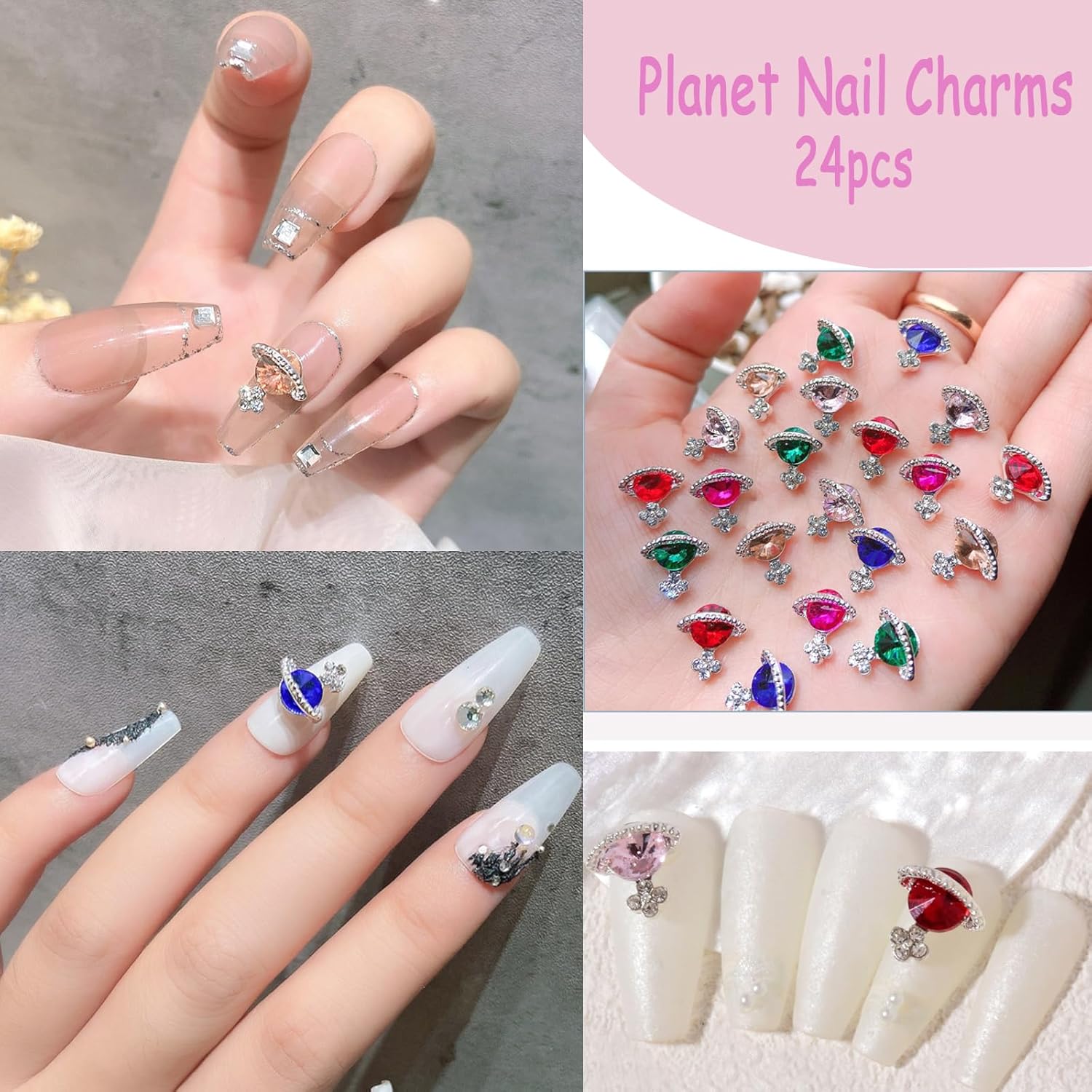 24 dijes de uñas de planeta 3D brillante con diseño de Saturno con diamantes de imitación de diamantes de imitación de lujo, dijes de uñas para