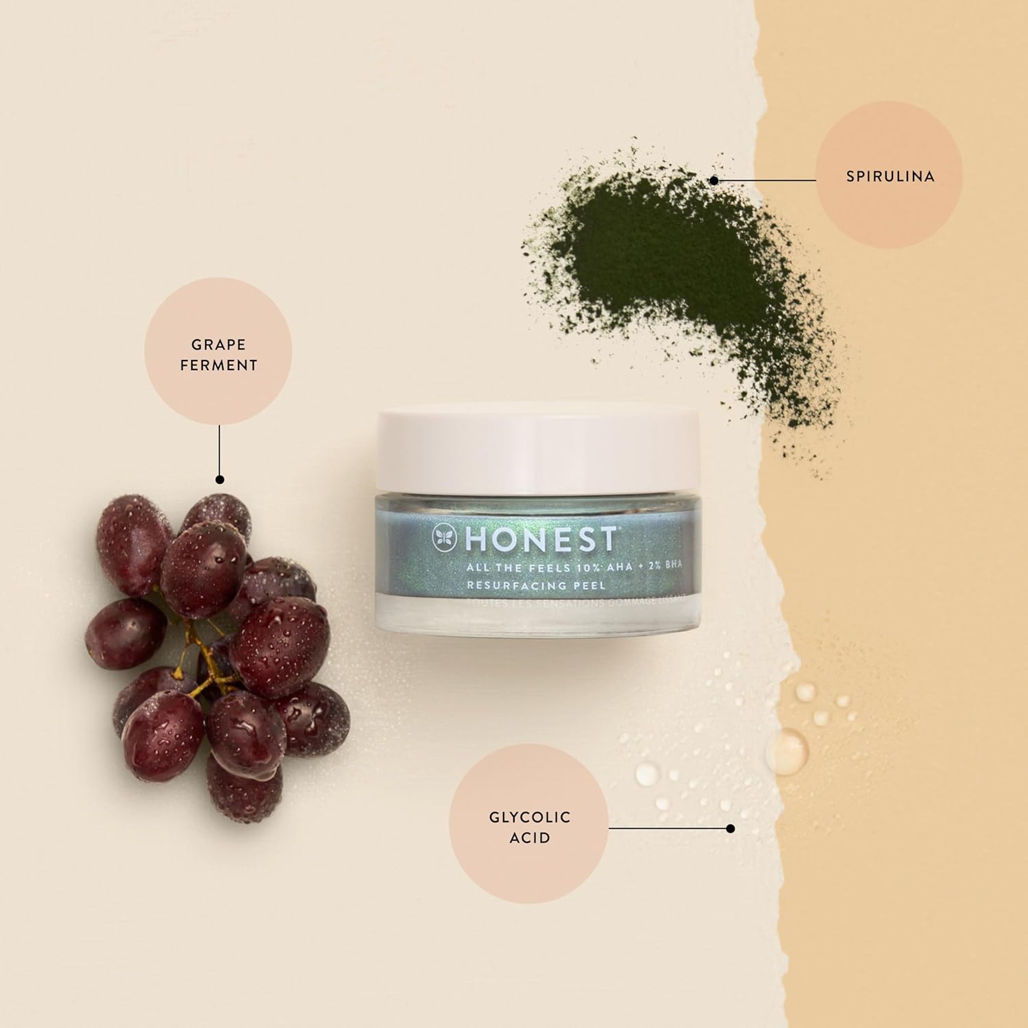Honest Beauty All the Feels Resurfacing Peel  10% AHA + 2% BHA  Exfolia profundamente + renueva la piel  Vegano + libre de crueldad  1.7 onzas