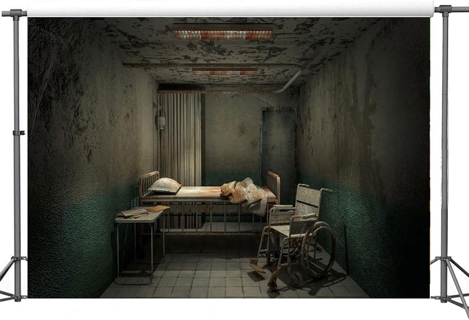 Yeele Telón de fondo aterrador de Halloween de 7 x 5 pies, decoración interior de sala de hospital, cama andrajosa y silla de ruedas, decoración de