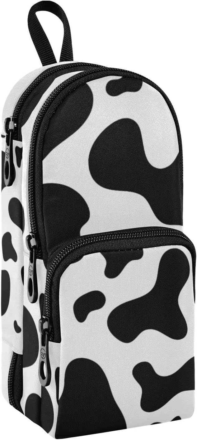 Estuche para lápices de piel de vaca negra, bolsa de gran capacidad con compartimento, organizador de papelería con forma de mochila escolar para