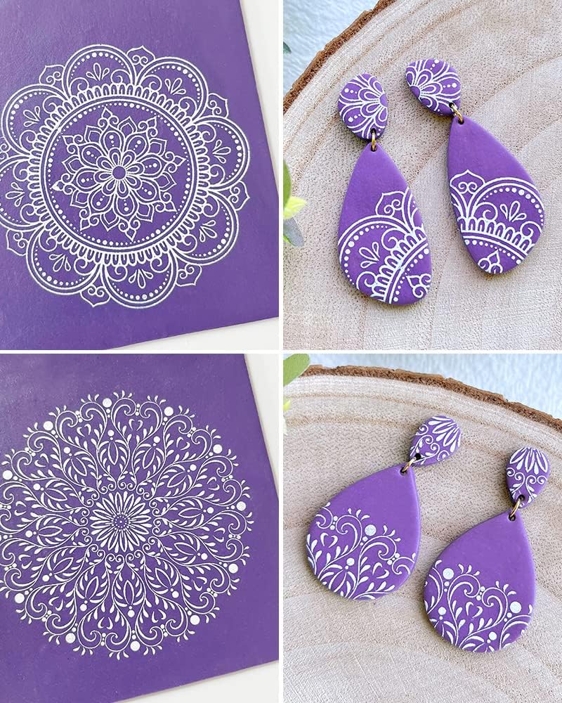 Keoker Plantillas de pantalla de seda boho para arcilla polimérica, 6 piezas de pantalla de seda azteca y bohemia para arcilla polimérica, para