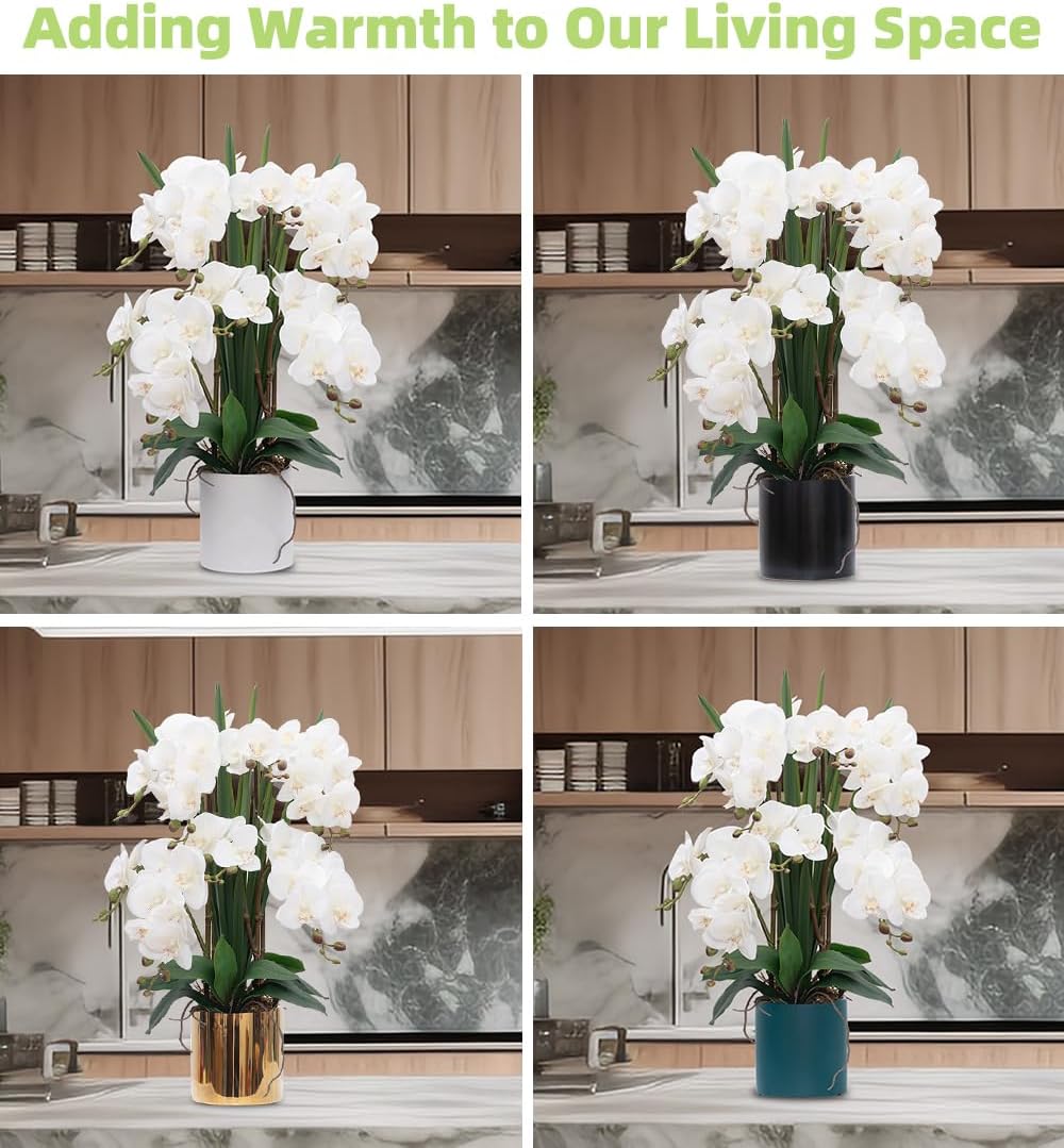 CXGS Plantas artificiales de orquídeas artificiales de tacto real, orquídeas falsas en jarrón de cerámica de 20.9 pulgadas, orquídea falaenopsis