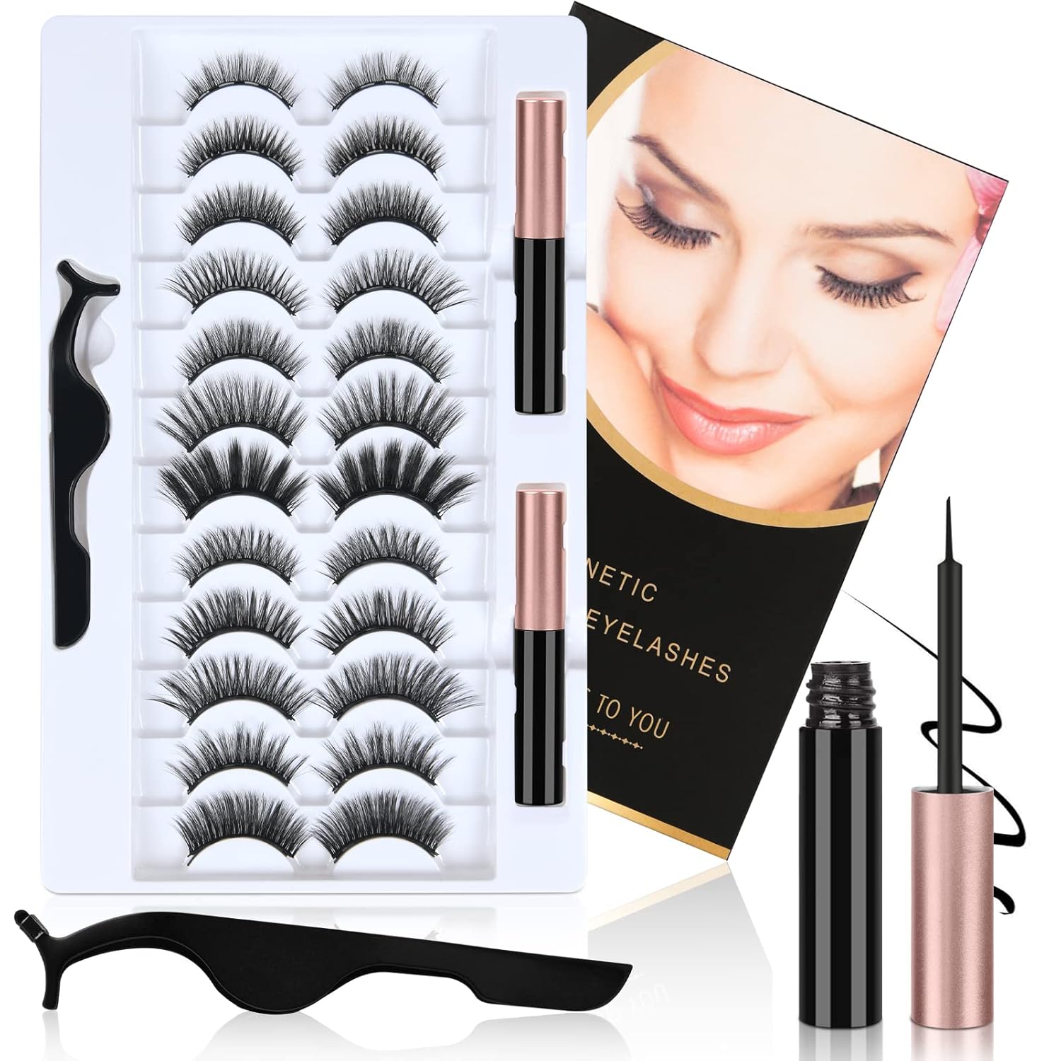 Kit de racimos de pestañas, 12 pares de pestañas postizas magnéticas reutilizables con 2 tubos, impermeable, delineador de ojos y pinzas, kit de