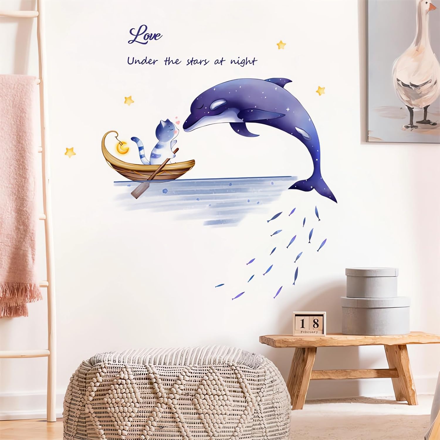 sacinora – Calcomanías de pared con diseño de delfín y gatito, calcomanías de pared de animales marinos morados, extraíbles para niños, bebés,