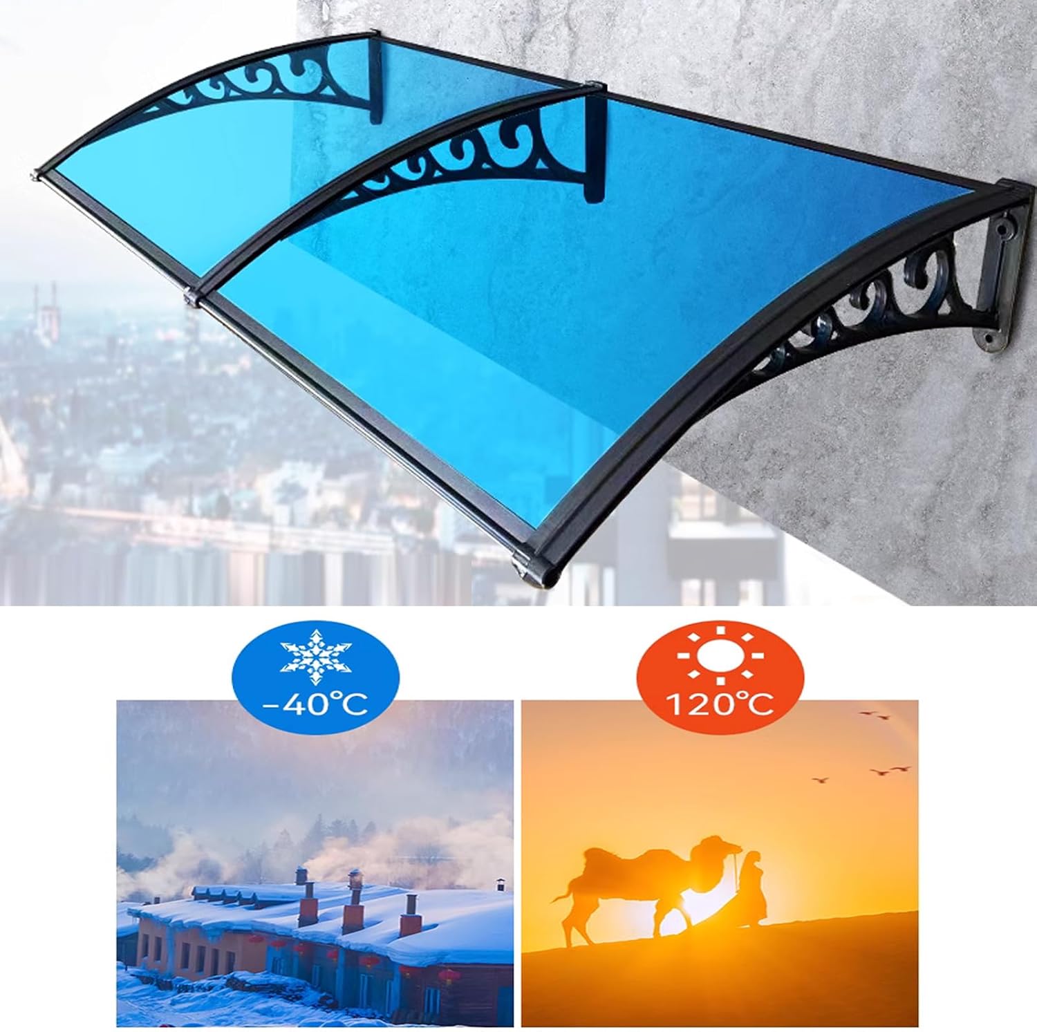 Cubierta de policarbonato curvada azul, cubierta de aleación de aluminio, refugio de lluvia para ventana del hogar, toldo de ventana de puerta,