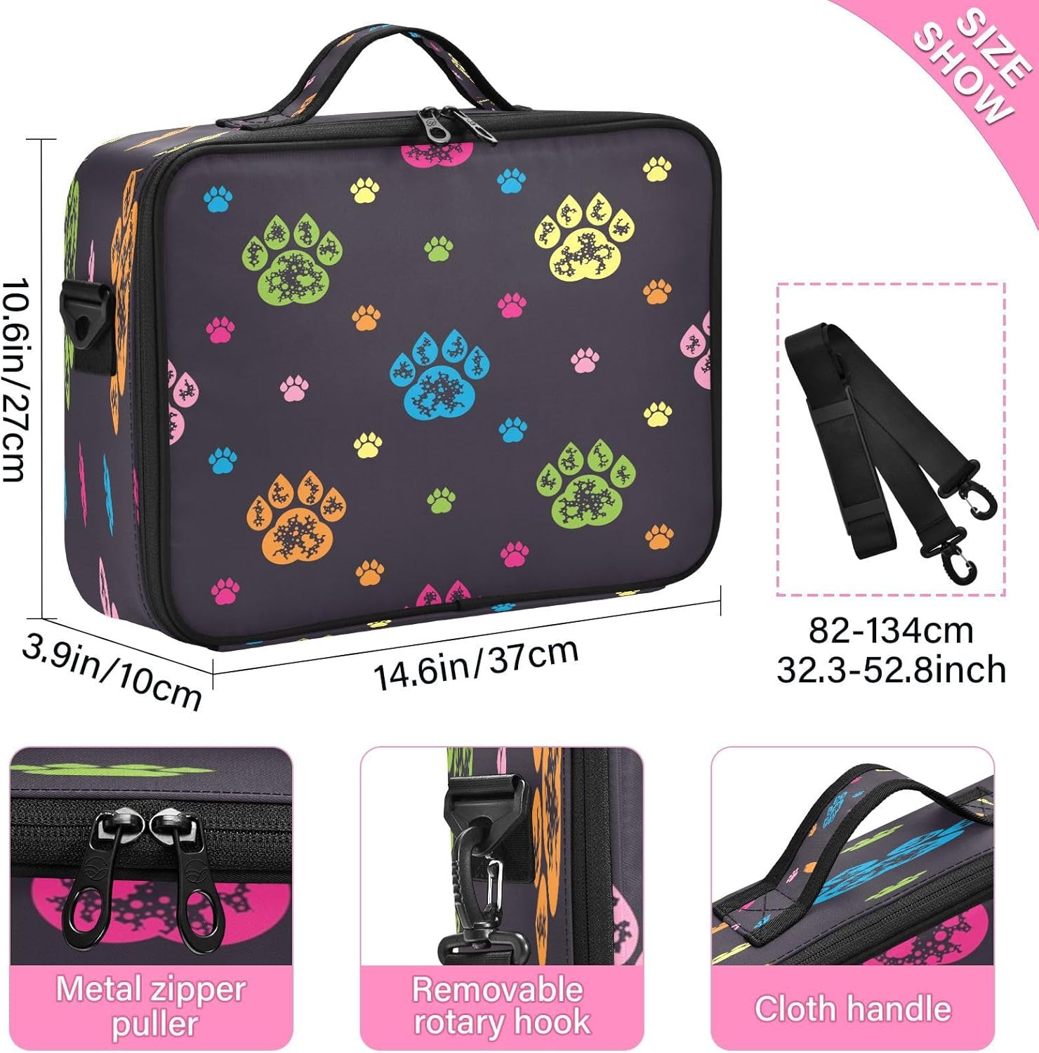 Coloridas huellas de perro huellas de cosméticos conjuntos de bolsas de viaje para artículos de aseo personal, bolsa de maquillaje, capacidad