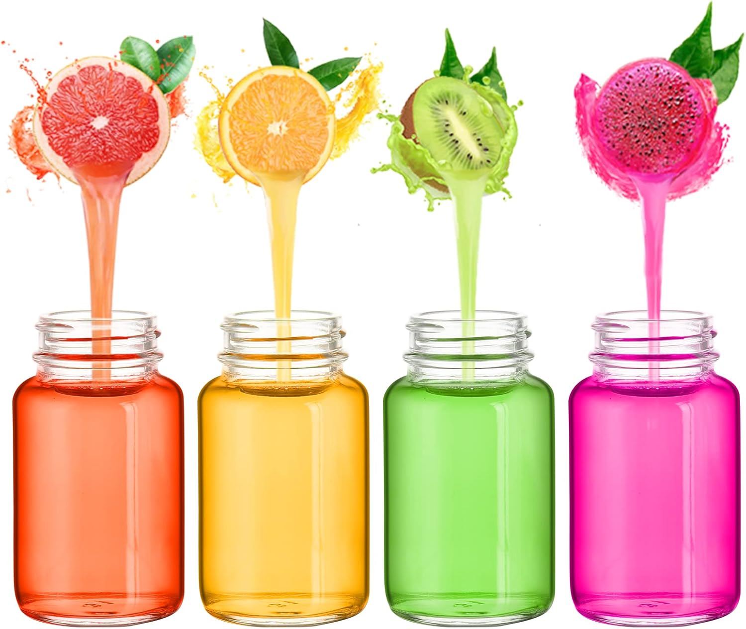 LOVLLE Botellas de vidrio para zumo con tapas, paquete de 8 frascos pequeños transparentes reutilizables de 2 onzas con tapas para exprimir líquidos