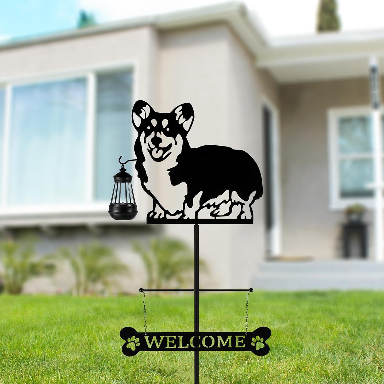 Letrero de bienvenida de perro con silueta solar de 51 pulgadas con linterna, decoración de Corgi para exteriores, para jardín, patio, césped,