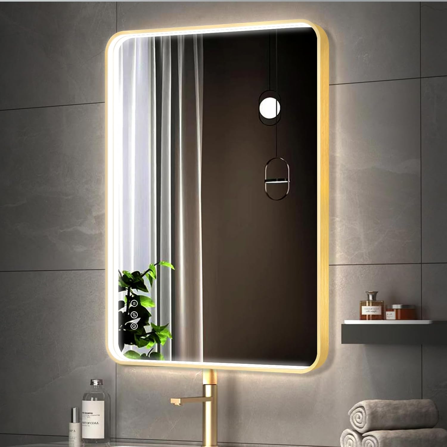 Twalsu Espejo de baño LED de 24 x 36 pulgadas con luces, espejo LED con marco de metal dorado para baño, 3 colores y espejo de tocador iluminado