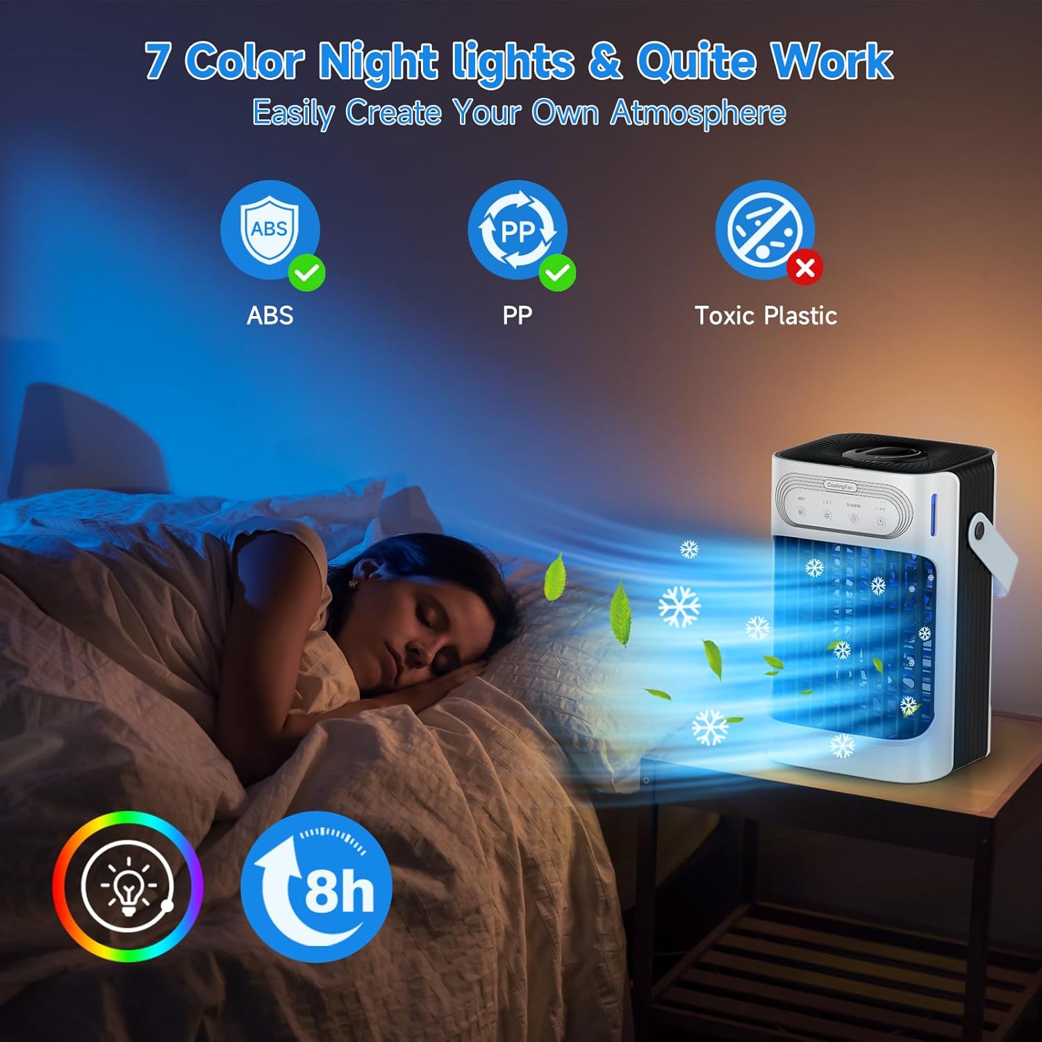 Aire acondicionado portátil, enfriador de aire evaporativo TIOKVIOP 10 W mejorado y 3 niebla fría 3 en 1, 3 velocidades de viento y 7 luces LED, 3