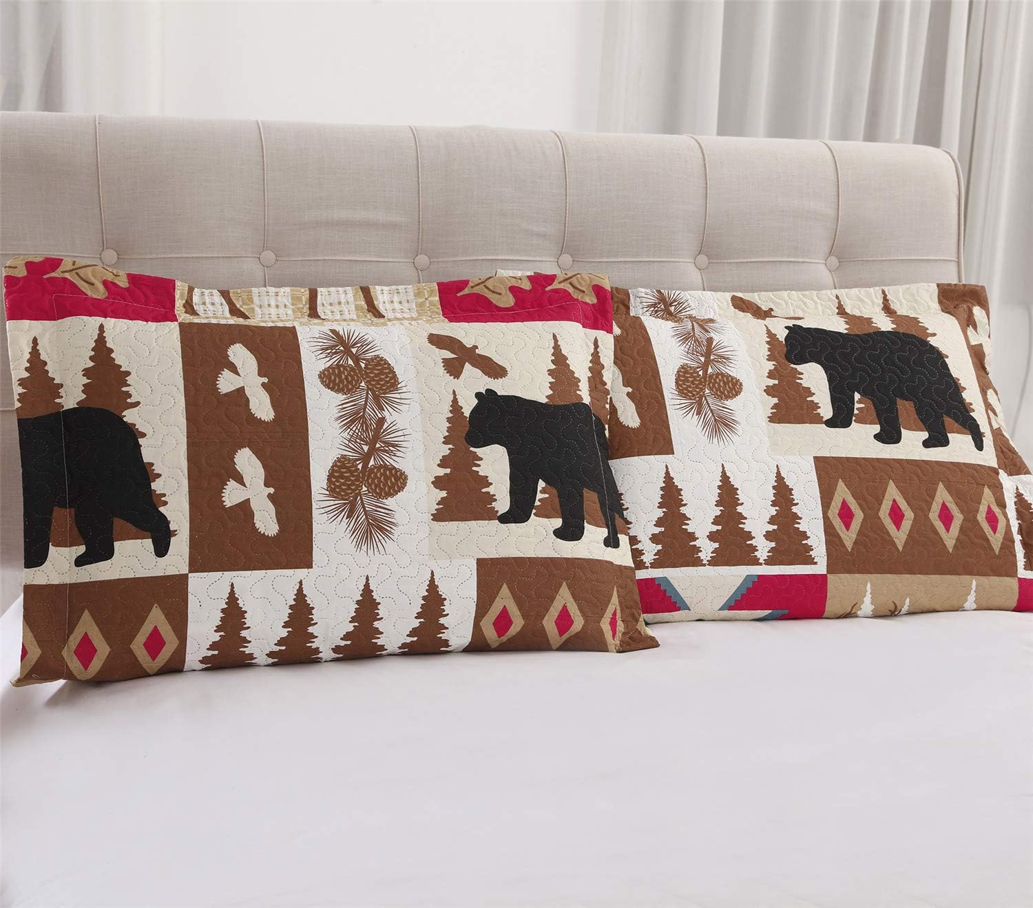 Juego de edredón rústico tamaño matrimonialqueen (90 x 90 pulgadas), colcha ligera reversible, colcha reversible con diseño de ciervos y osos, funda