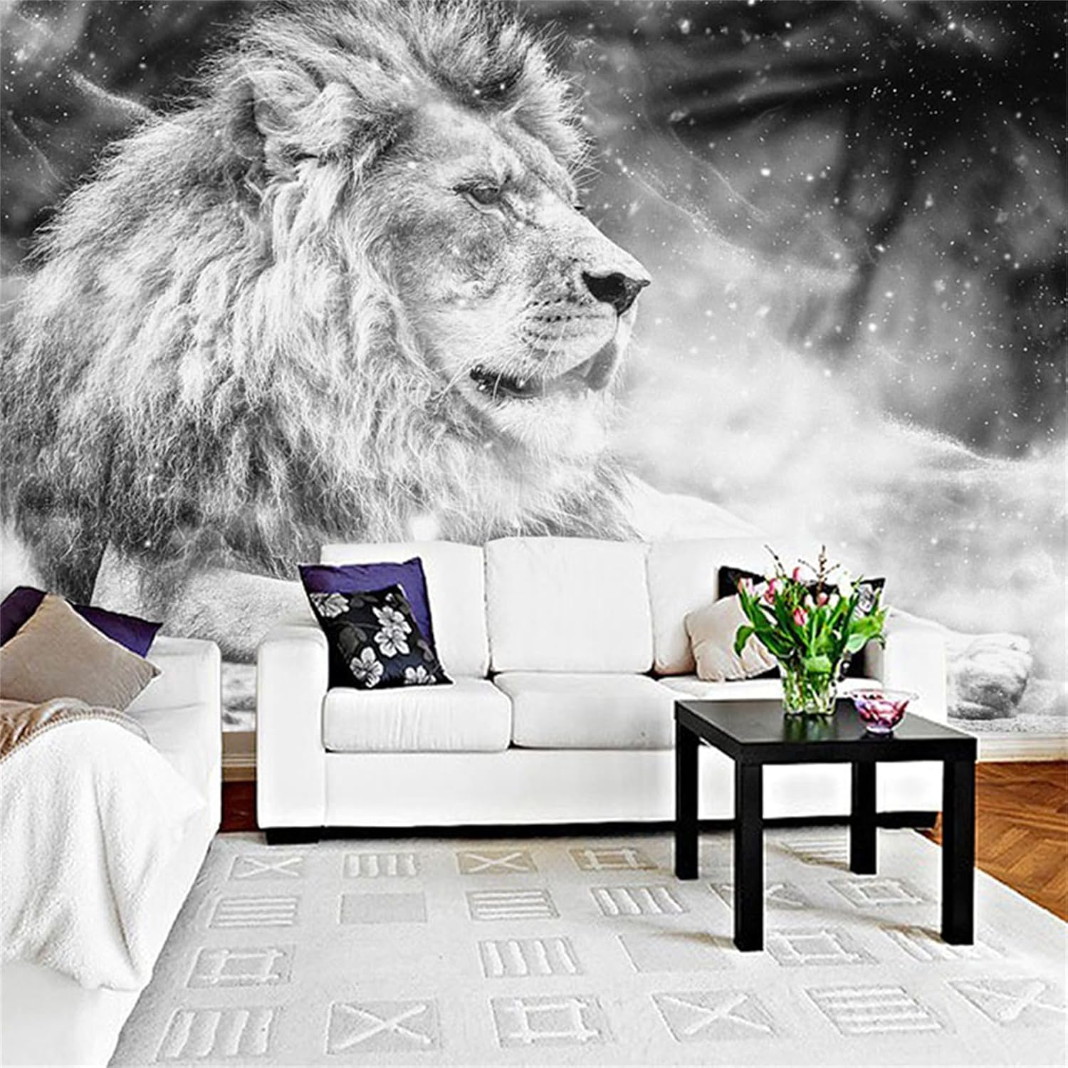 Murales de pared grandes 3D de león blanco y negro, papel tapiz mural personalizado de cualquier tamaño, calcomanías de pared 3D, duraderas e