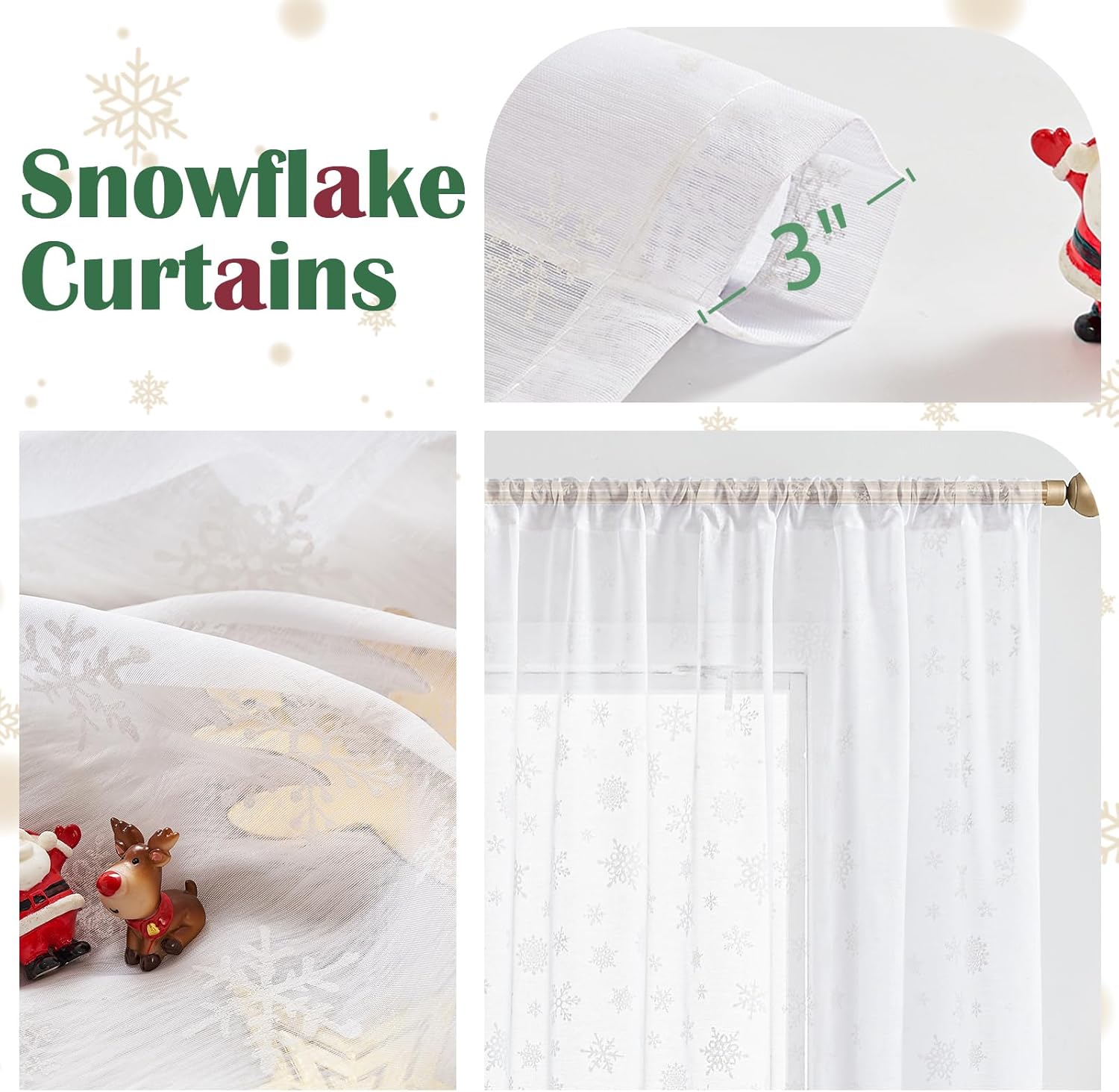 Vangao Cortinas traslúcidas blancas de Navidad para sala de estar, estampado de copos de nieve, 96 pulgadas de largo, para dormitorio, decoración de