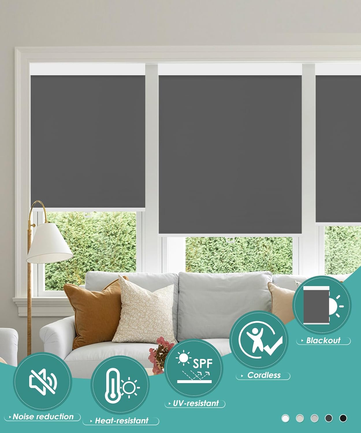 BlinDecor Persianas enrollables opacas para ventanas, 35 x 72 pulgadas, para dormitorio interior, persianas enrollables sin cordón con protección UV