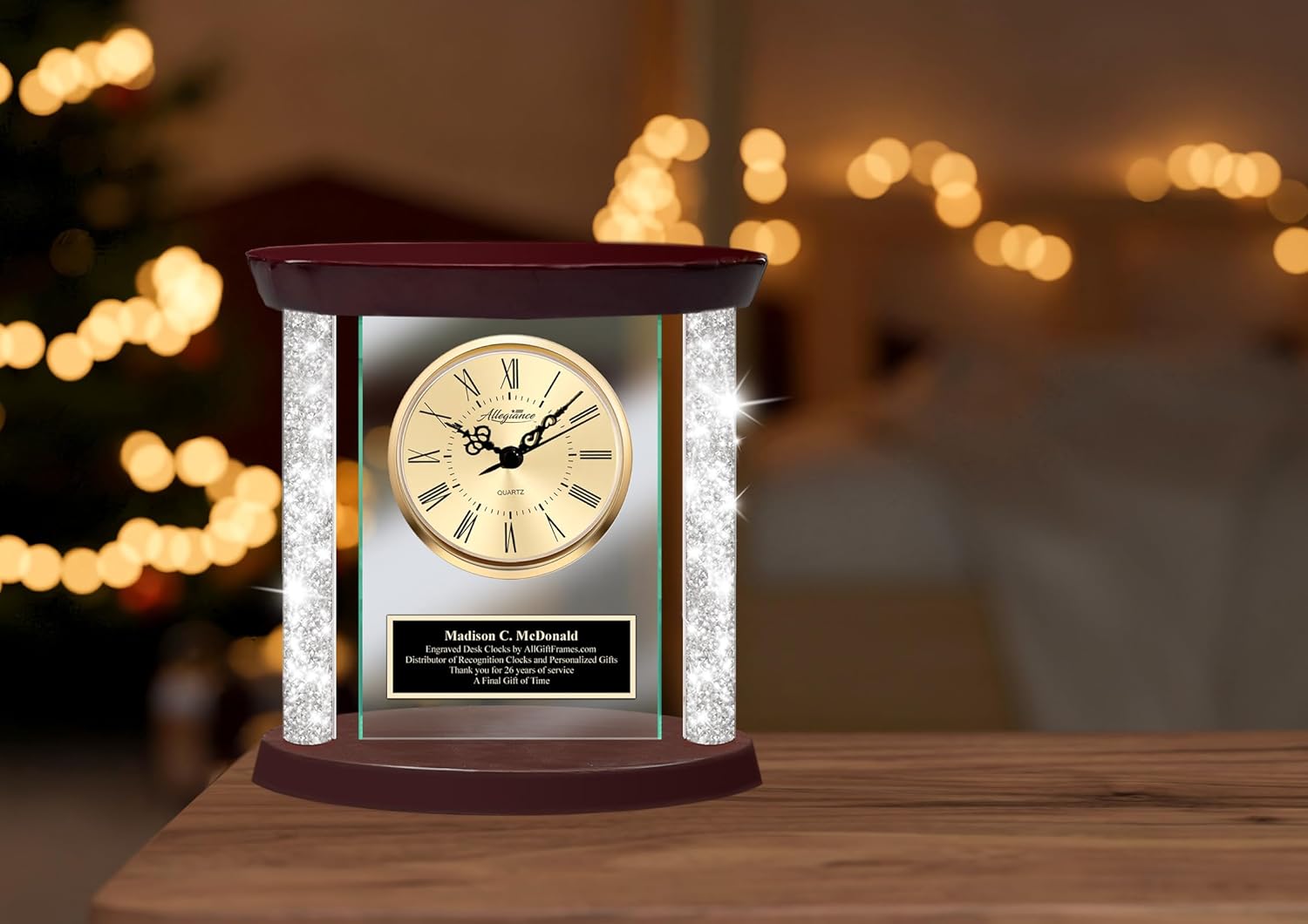 AllGiftFrames Reloj de mesa con placa grabada negra con diamantes de oro, bisel de oro, bisel de lujo, base de madera, reloj con base de madera,