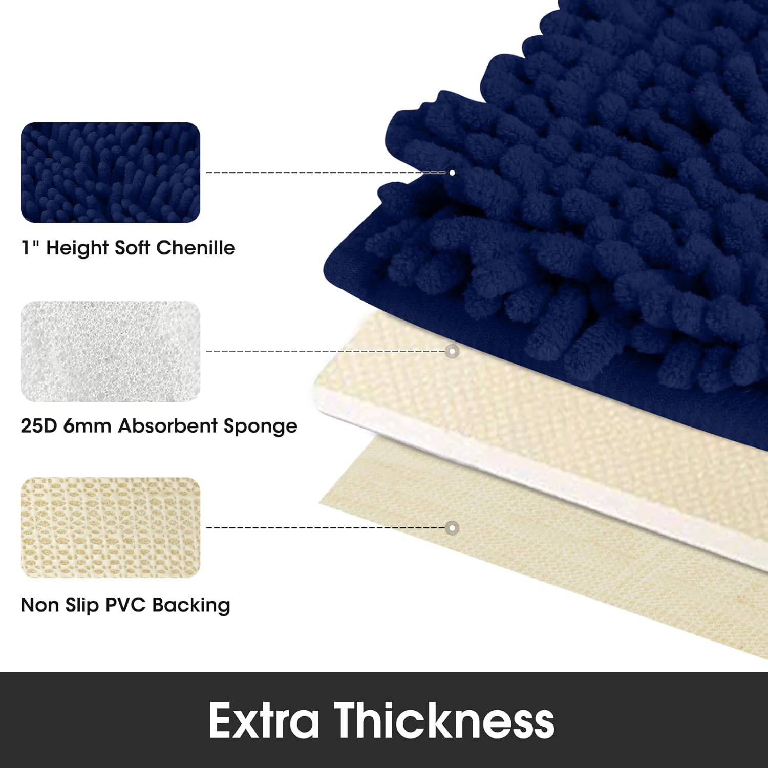 HOMEIDEAS Alfombra de baño azul marino de 20 x 60 pulgadas, ultra suave y absorbente, antideslizante, alfombra de baño larga, felpa de felpilla