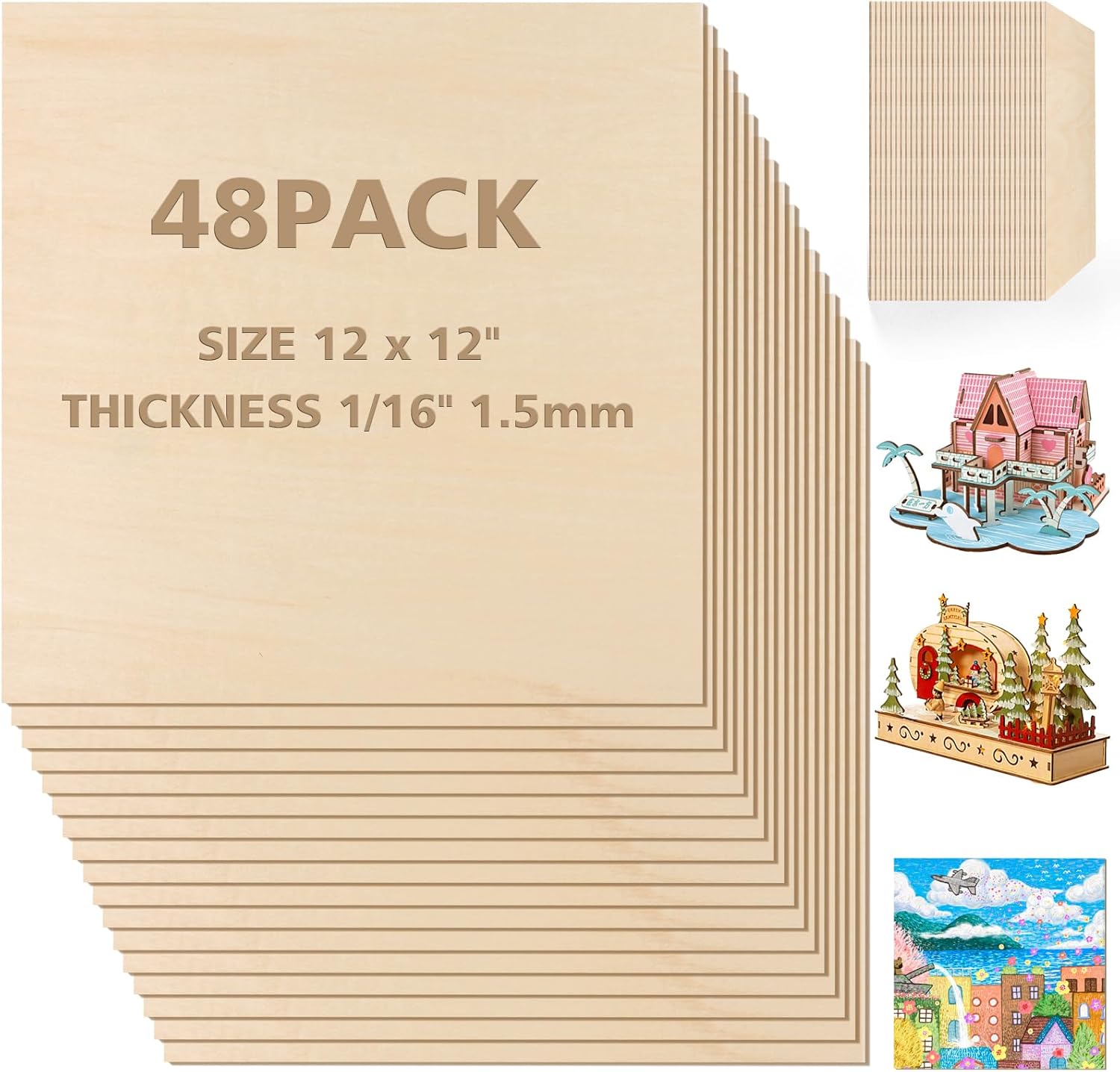 Adrattnay Hojas de tilo de 116 x 12 x 12 pulgadas – Hojas de madera contrachapada de tilo de 116 x 12 pulgadas, 48 piezas de tablero cuadrado de