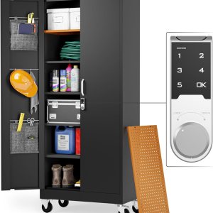 Armario de almacenamiento de metal con ruedas, armario de almacenamiento de garaje con puertas de bloqueo, cerradura digital, altura de estante Armario de almacenamiento de metal con ruedas, armario de almacenamiento de garaje con puertas de bloqueo, cerradura digital, altura de estante