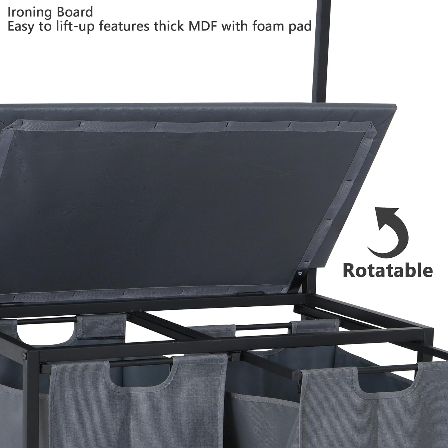 uyoyous Clasificador de ropa sucia con tabla de planchar, carrito clasificador de ropa sucia resistente de 2 secciones con riel para ropa, forros