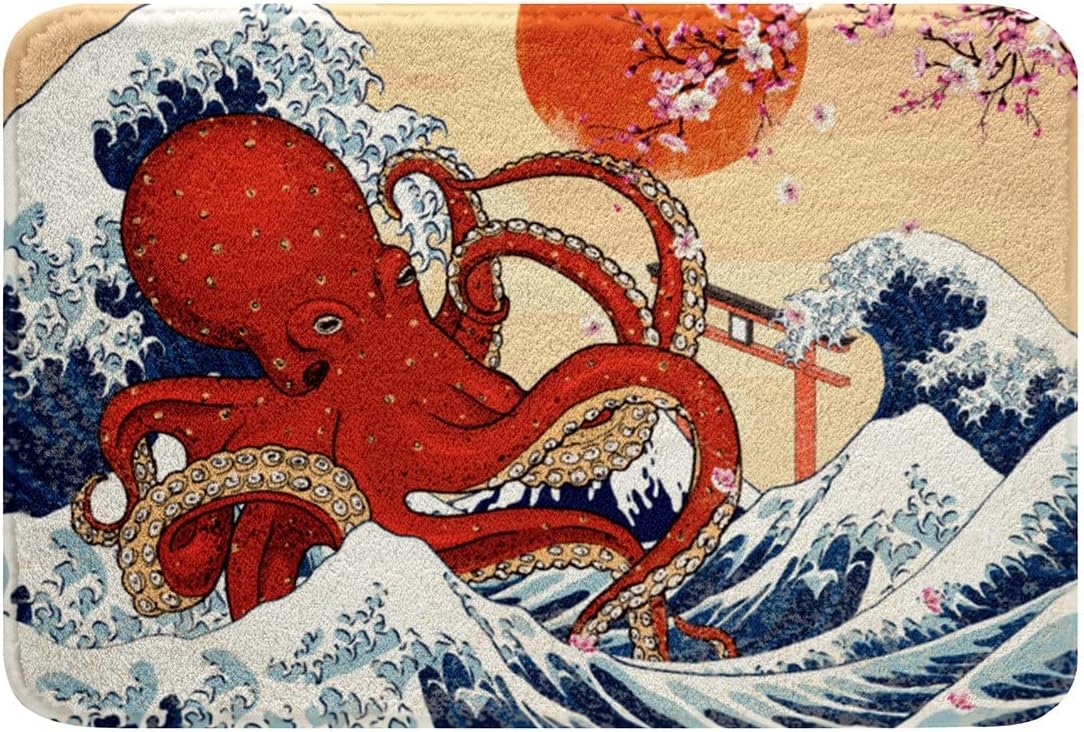 Alfombra de baño con diseño de flor de cerezo, alfombra de tentáculos de pulpo, 16 x 24 pulgadas, alfombra de baño con olas de mar japonesas,