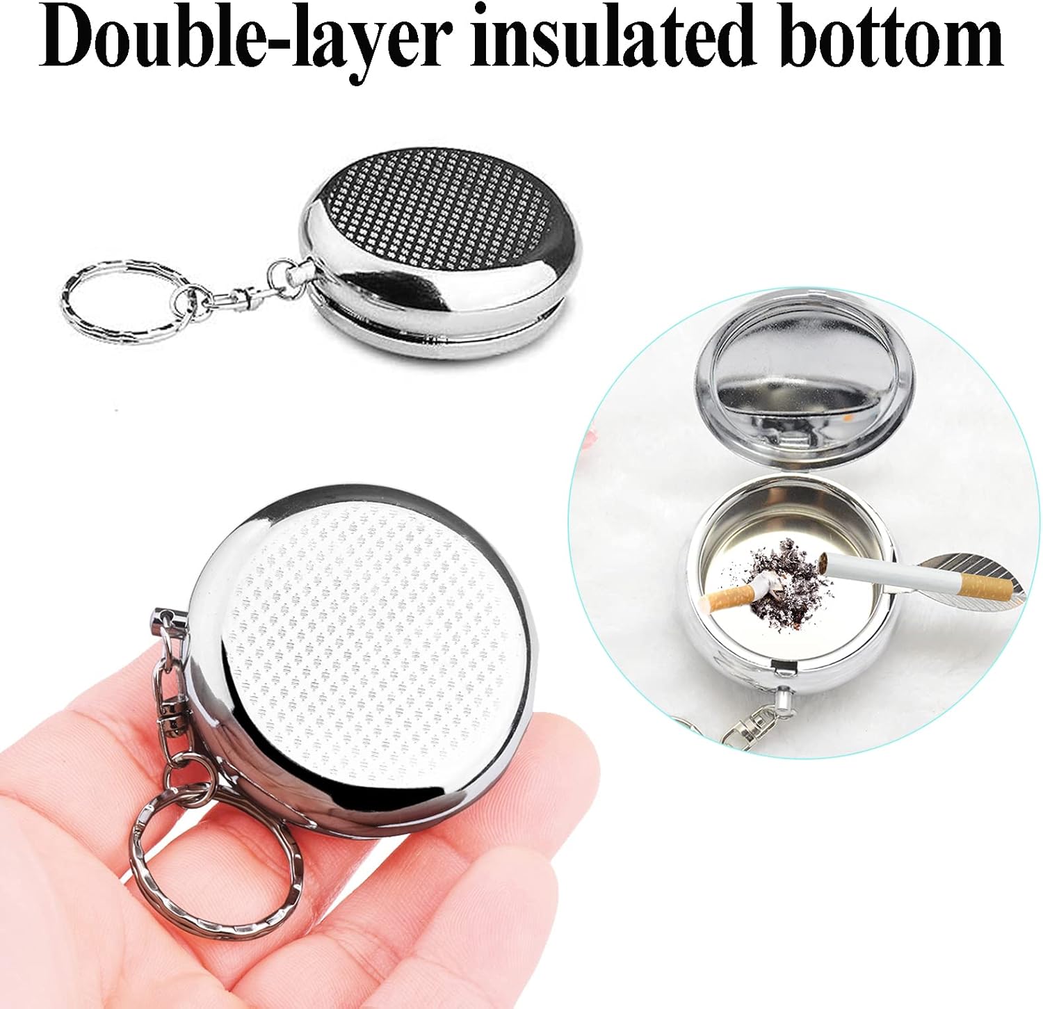 Cenicero de bolsillo portátil, llavero circular de acero inoxidable con desinflador de cigarrillos, soporte personalizado para cenicero para uso