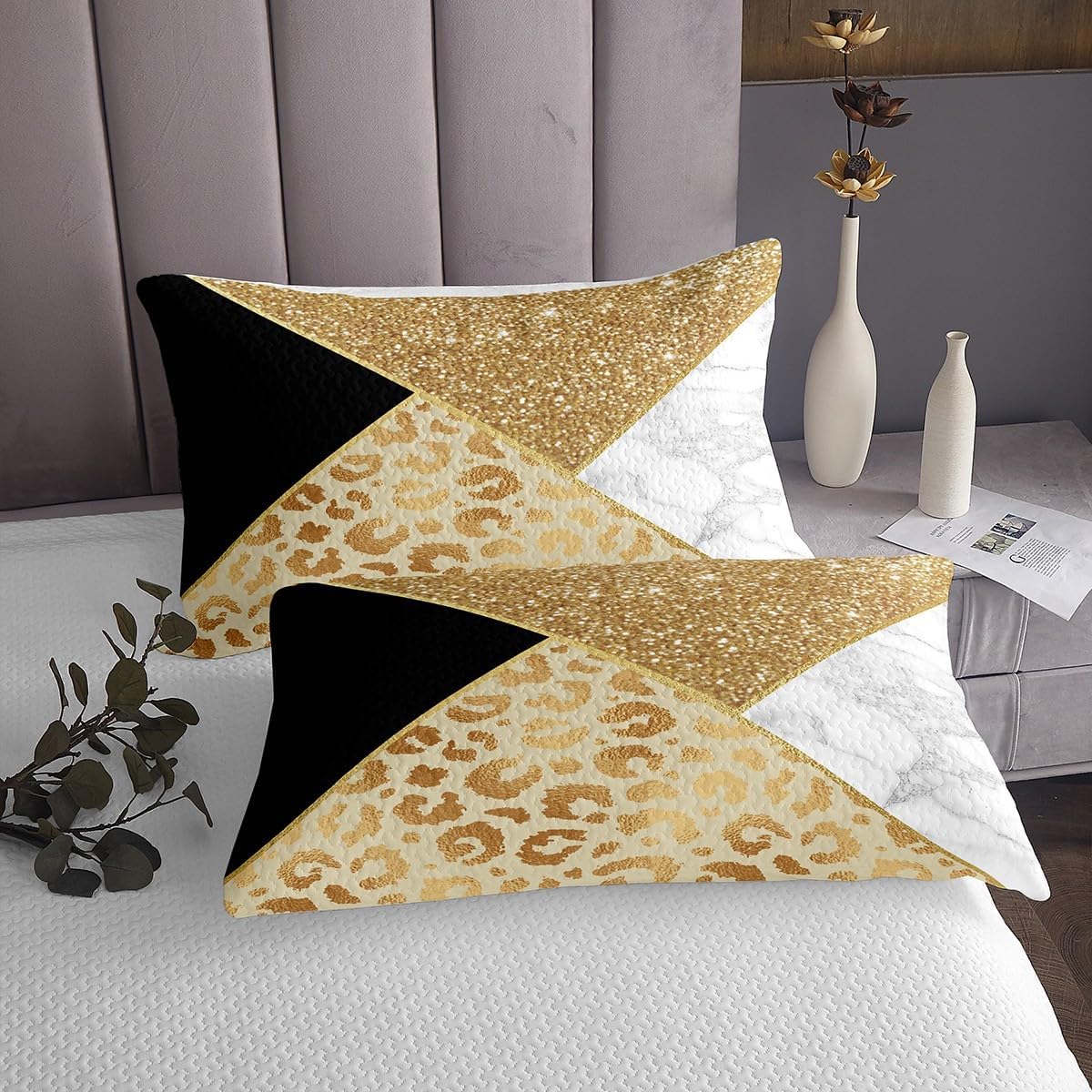Manfei Colcha de mármol tamaño Queen, purpurina dorada y estampado de leopardo, colcha acolchada con 2 fundas de almohada, juego de colcha de mármol