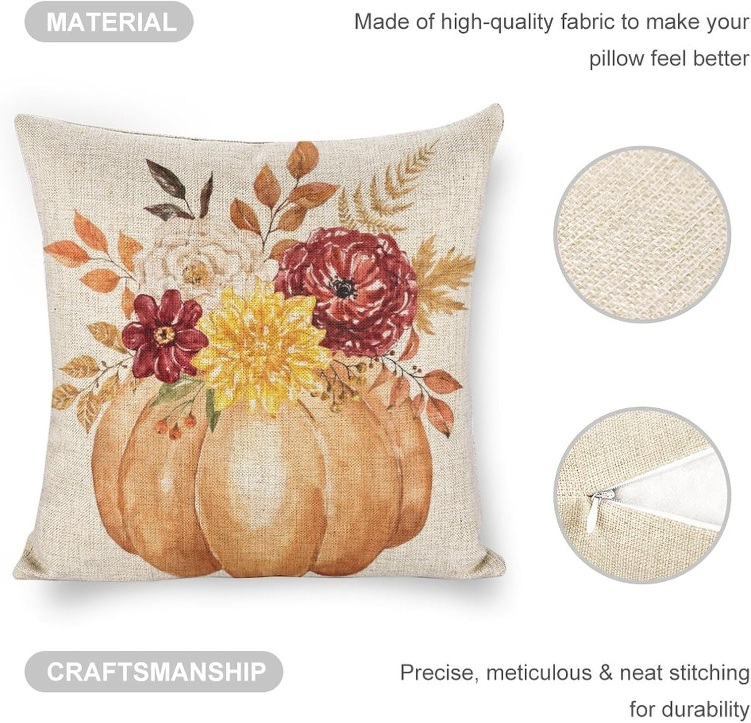 Juego de 2 fundas de almohada de calabaza naranja otoñal de 18 x 18 pulgadas, juego de 2 fundas de almohada cuadradas decorativas de lino con flores