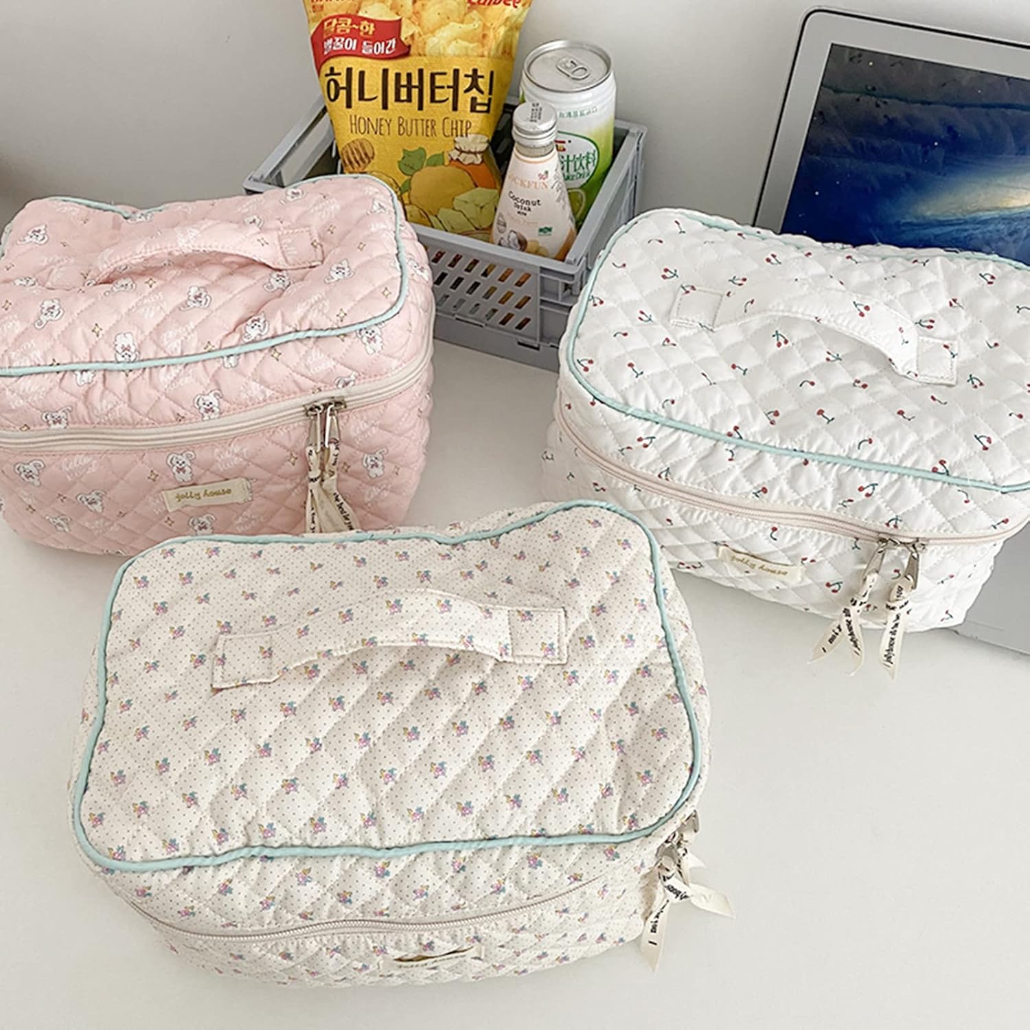 Bolsa de maquillaje floral Kawaii Coquette Bolsa de cosméticos grande organizador de maquillaje de viaje lindo bolsa acolchada de algodón para