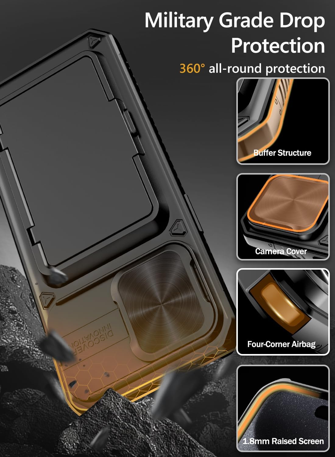 Vihibii Funda para iPhone 15 Pro Max con tarjetero (4 tarjetas) y cubierta deslizante para cámara y soporte, protección contra caídas de grado