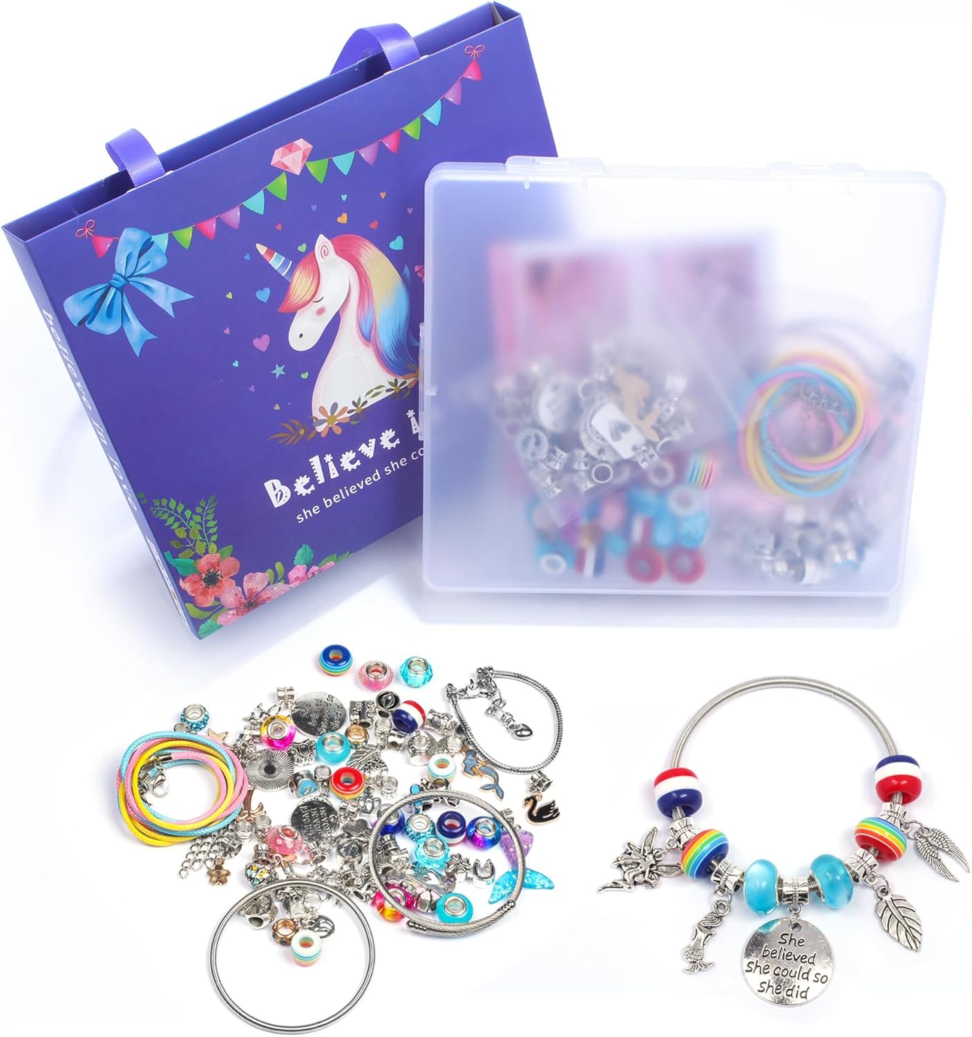 ZQFTZQ Kit de fabricación de pulseras con dijes para manualidades, incluye cuentas, cadenas de serpiente, pulsera de cuentas, unicornio, sirena,