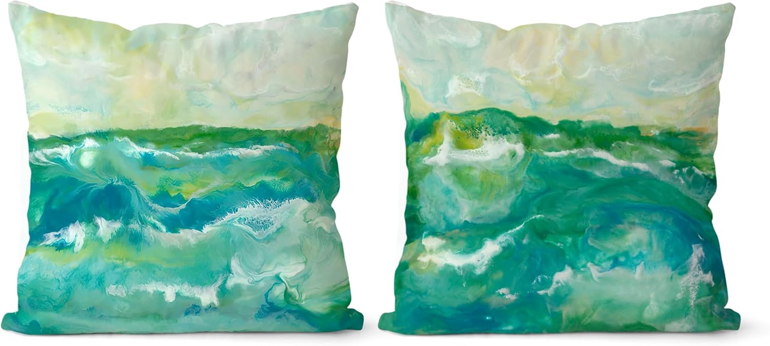 Juego de 2 fundas de almohada de terciopelo verde de 18 x 18 pulgadas, pintura de playa, fundas decorativas para sofá, fundas de almohada para
