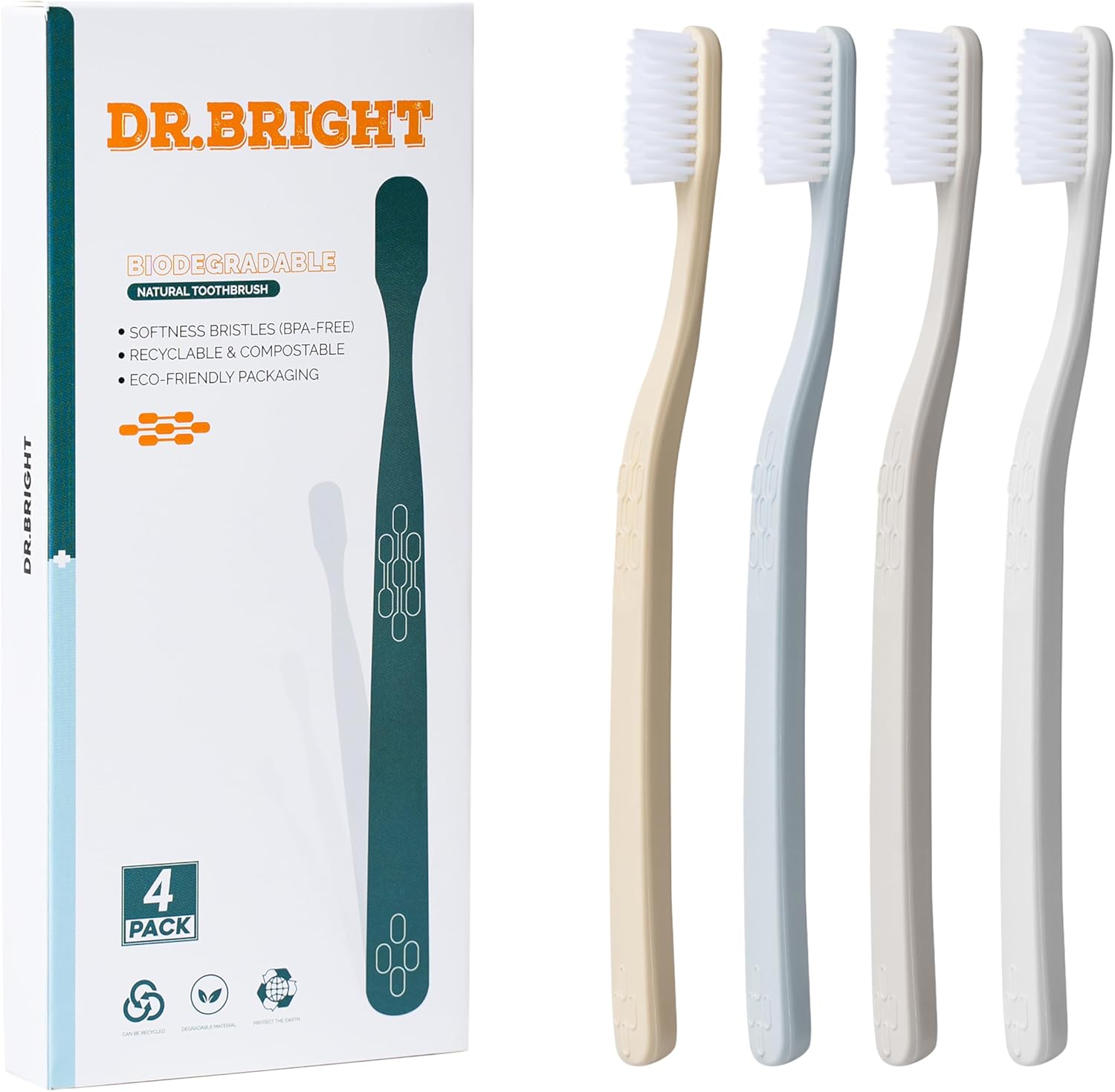 DR.BRIGHT Cepillo de dientes ecológico natural, cepillo de dientes biodegradable, cepillos de dientes reciclables, verde y compostable, embalaje