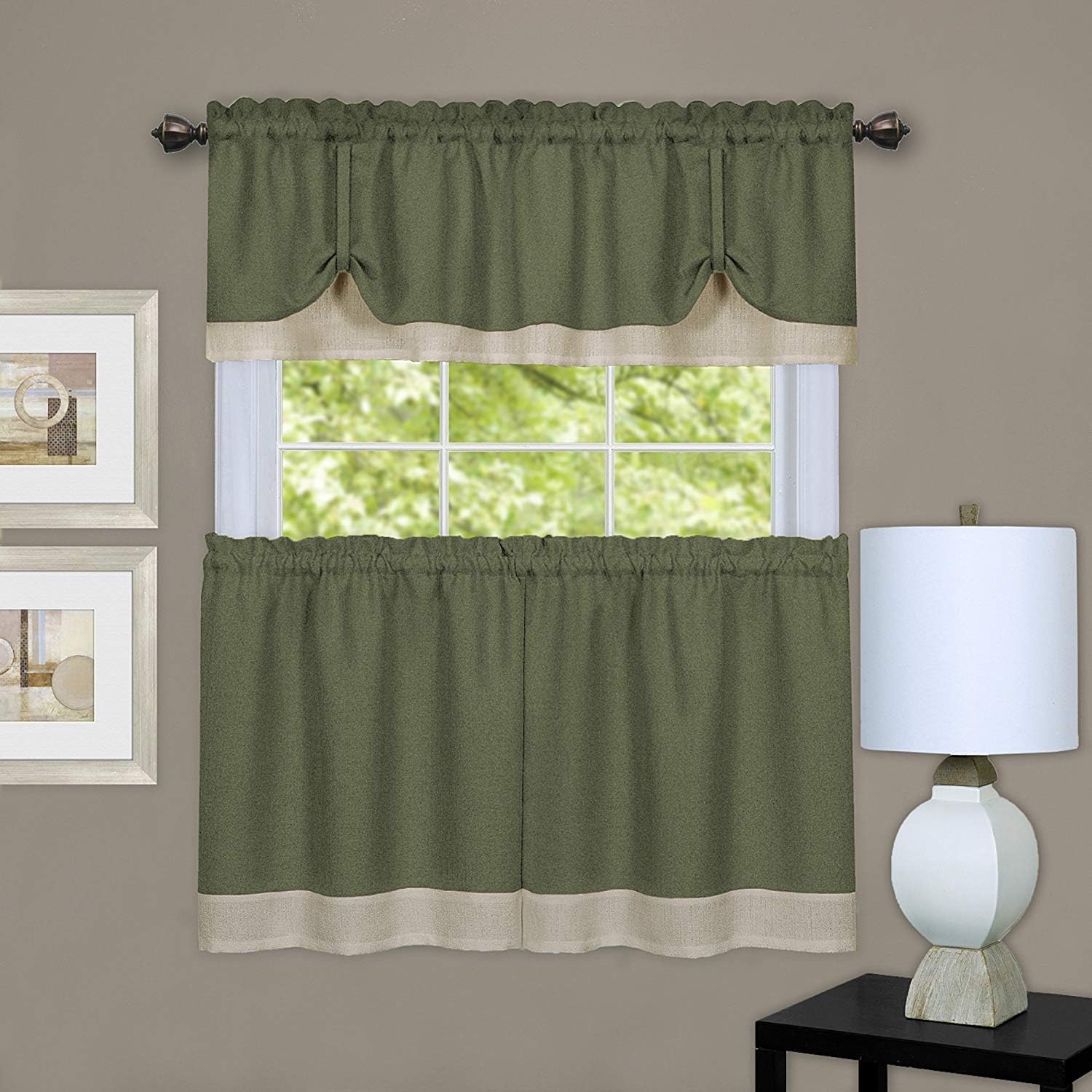Woven Trends – Juego de cortinas de ventana de dos tonos y cenefa, cortinas pequeñas de doble capa para baño, sala de estar y cocina, verde, 58 x 24