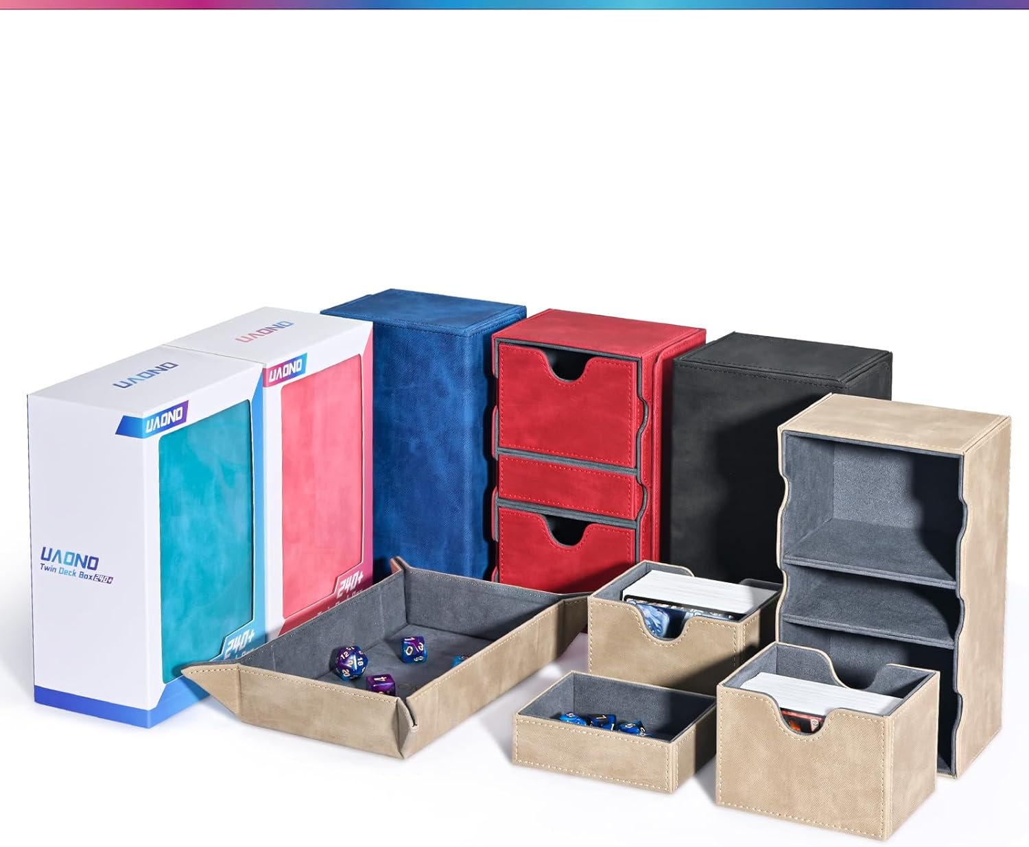 UAONO MTG – Caja de cartas con bandeja rodante de dados, caja de doble cubierta TCG con 3 bandejas para más de 200 tarjetas de doble funda, caja de