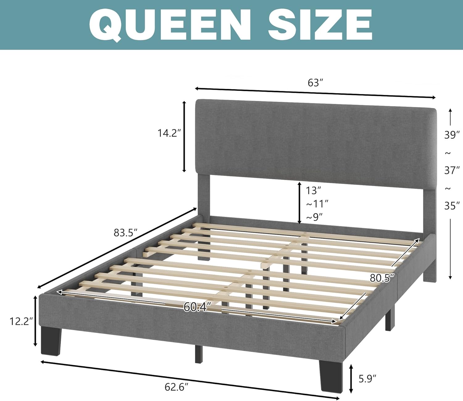 Lifezone Base de cama Queen con cabecero, marco de cama tapizado de lino con soporte de listones de madera, no necesita somier, pies resistentes,
