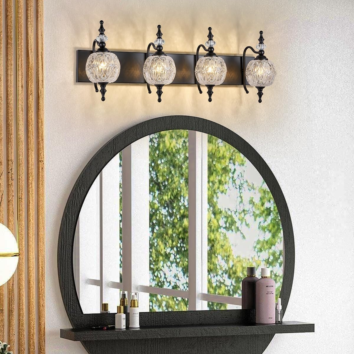 TLOLGT 4 luces negras para tocador de baño, modernas luces pintadas de superficie negra con pantalla de cristal grueso, apliques de pared para baño