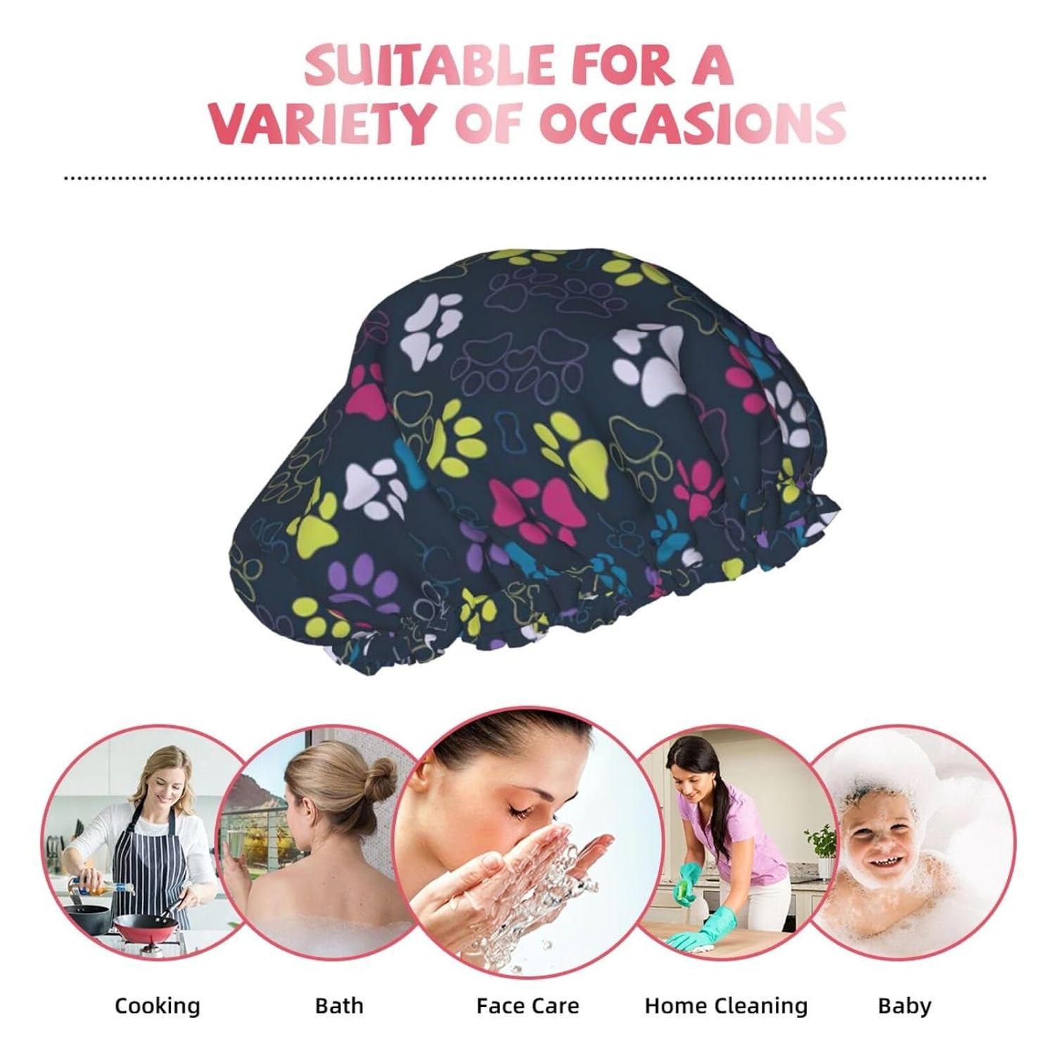 Lindo gorro de ducha con diseño de pata de perro, marco completo, doble capa, impermeable, cómodo, elástico y portátil