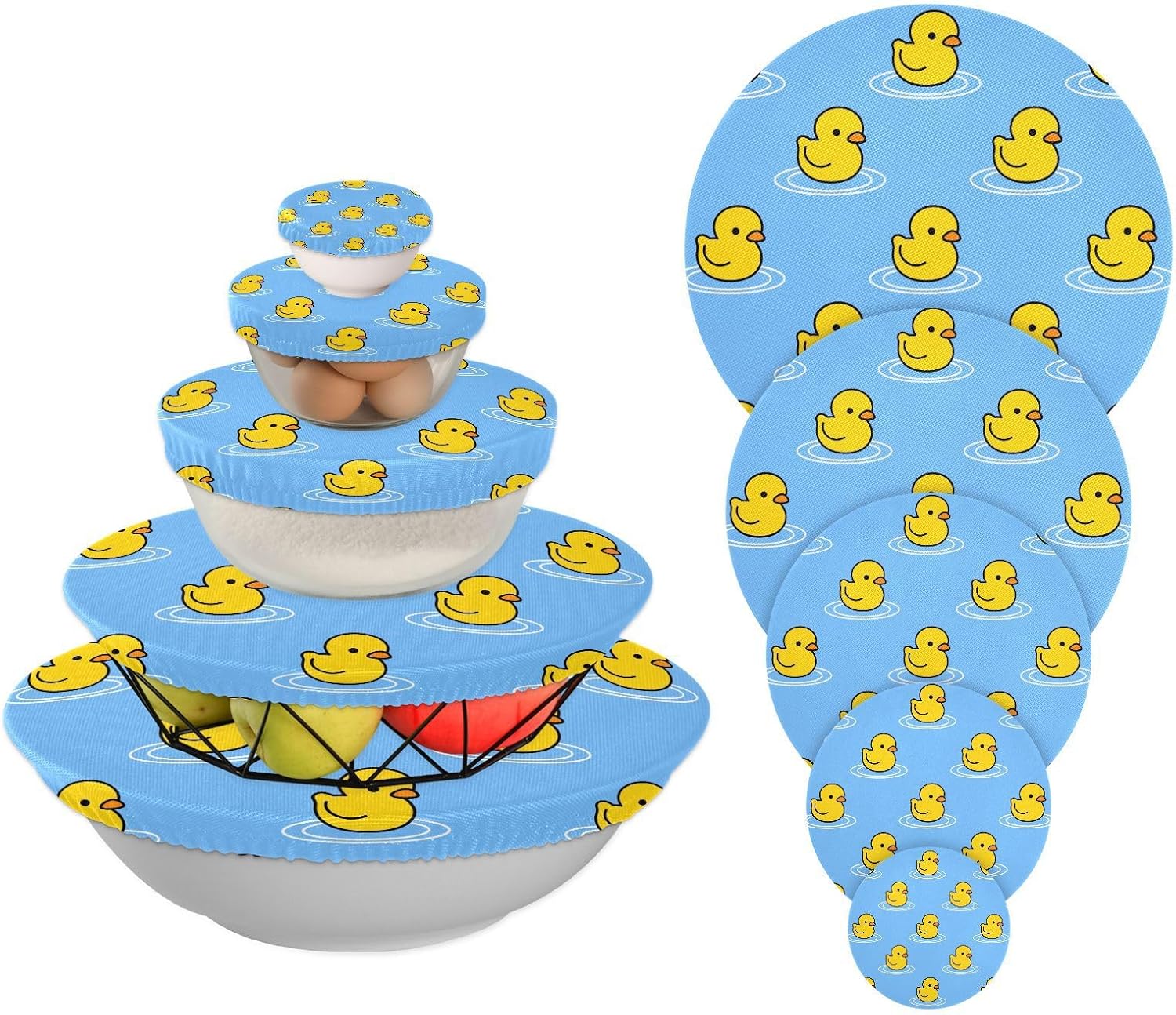Duck 5PCS Reusable Elastic Bowl Covers for Food Storage Stretch Cloth Fabric Lids with 5 Different Sizes Heat Resistant Food Lids for Fruits