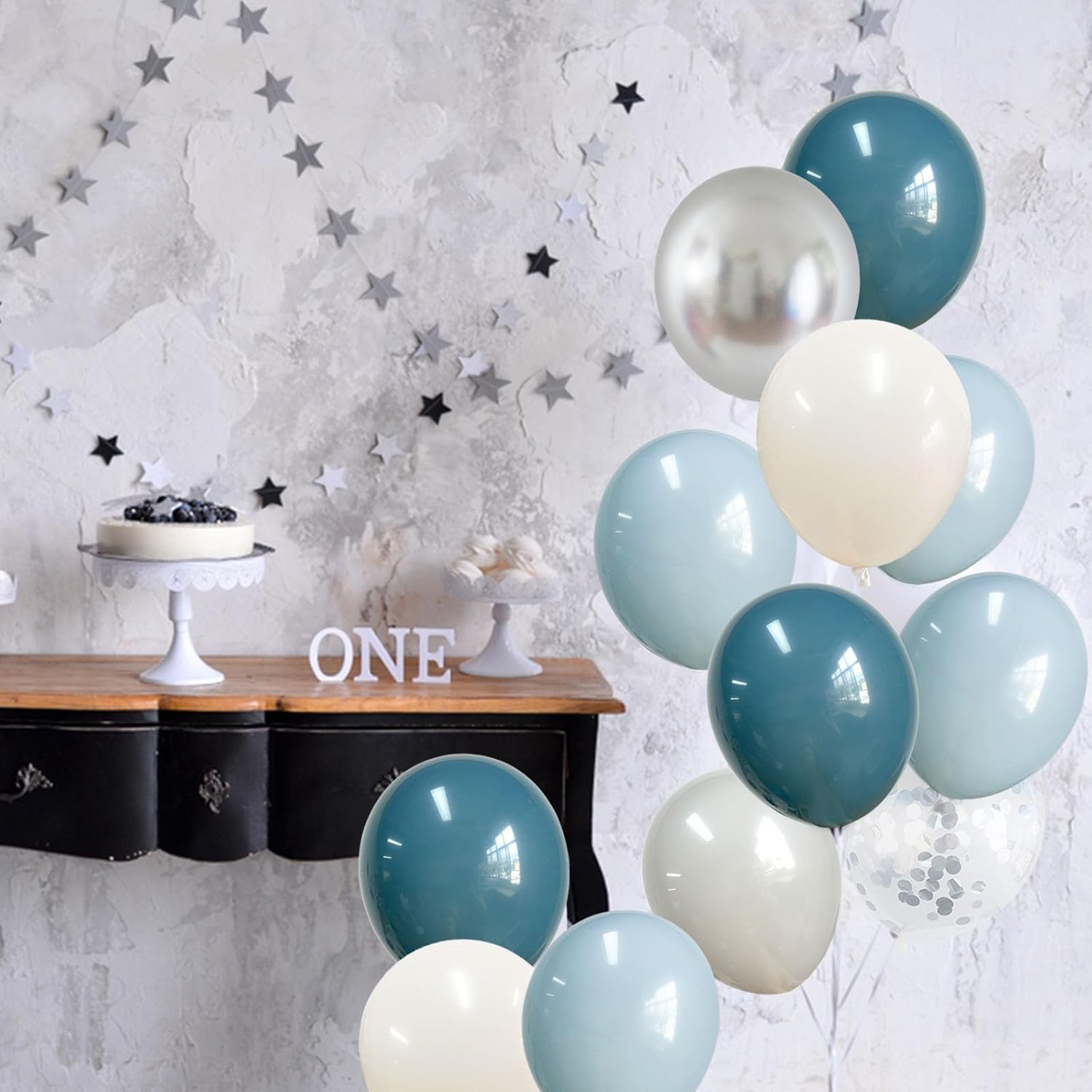 Globos de látex azul pizarra de 12 pulgadas, 60 piezas de niebla de hielo retro polvorienta, azul mar, gris, blanco, arena, plata, decoración de