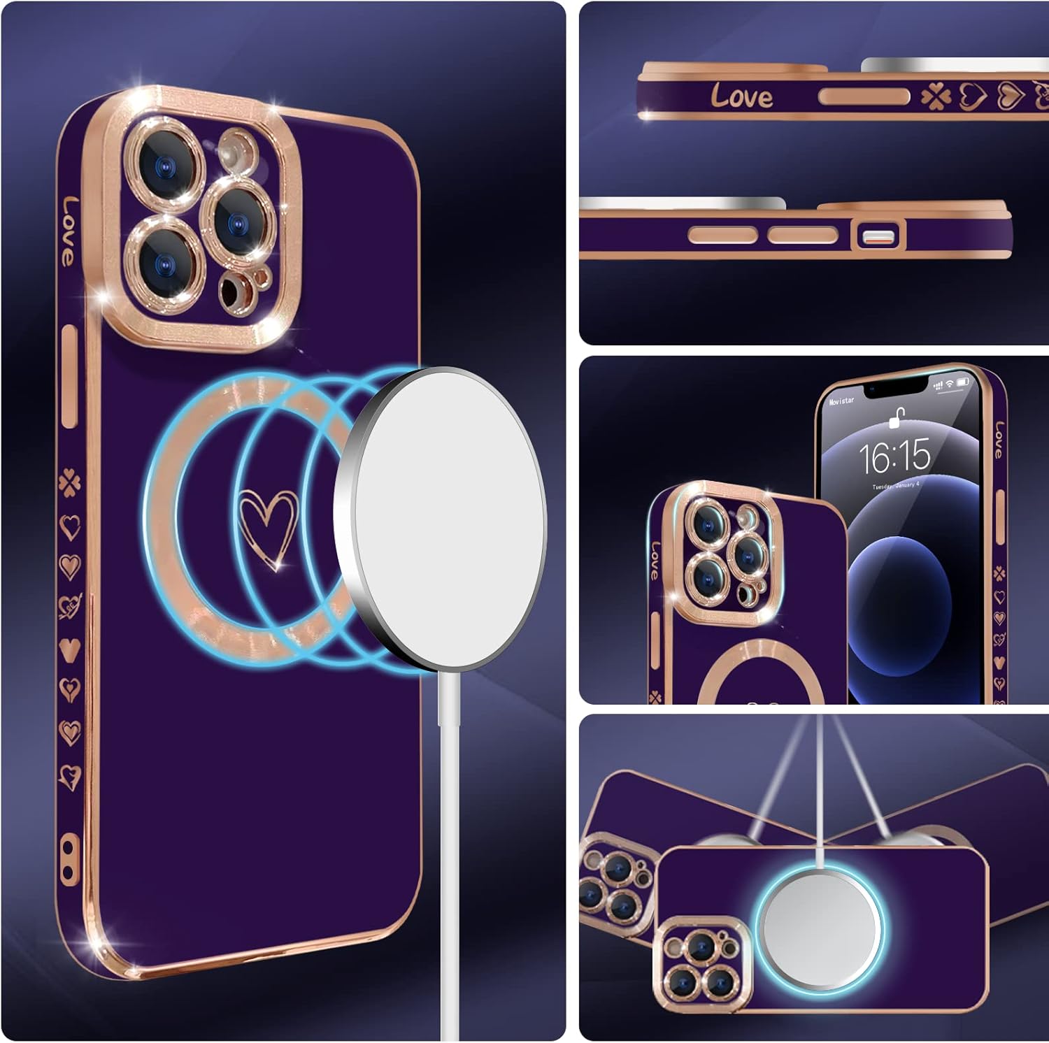 YKCZL Funda compatible con iPhone 13 Pro con MagSafe, funda magnética de lujo chapado en forma de corazón lindo y protección completa de lente de